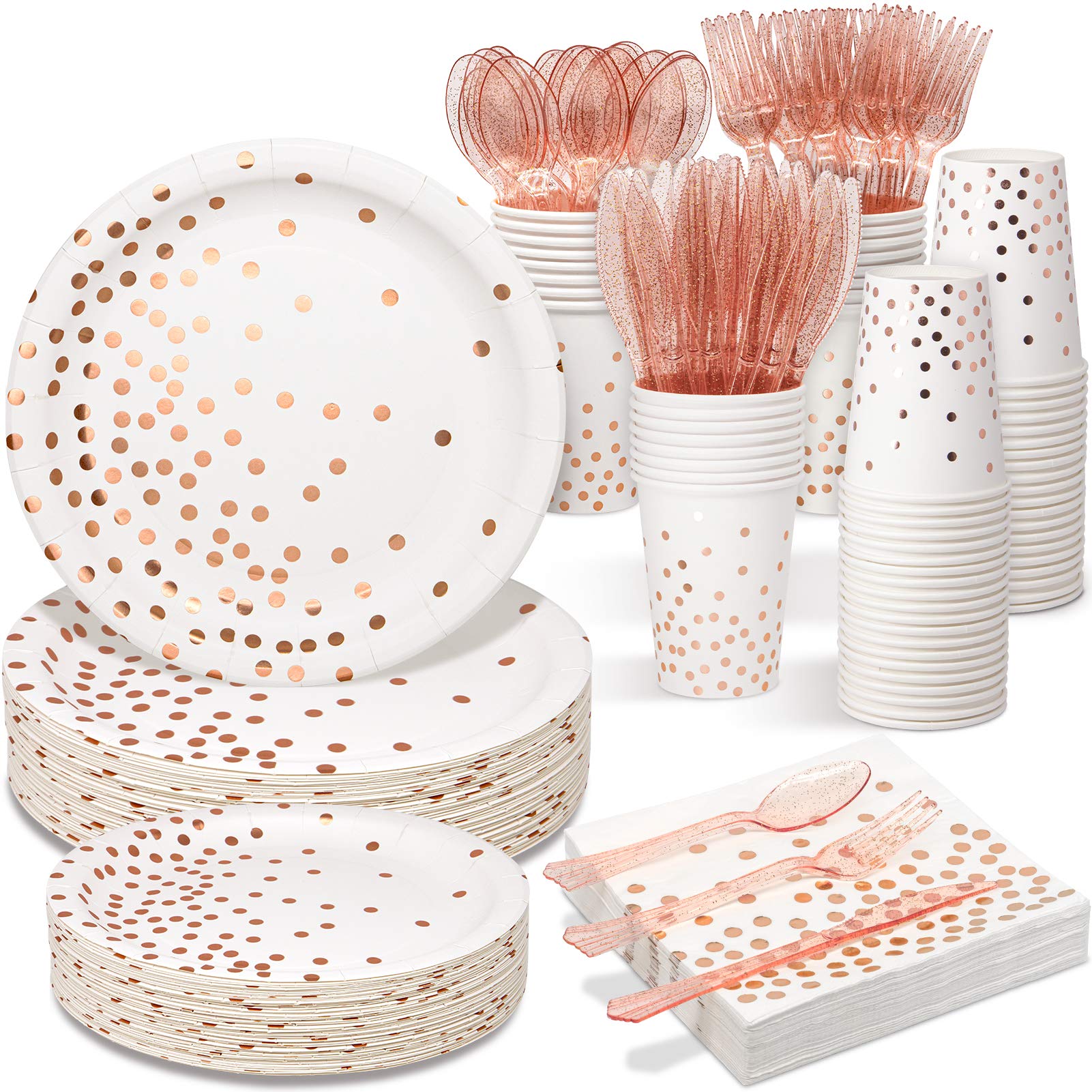 350-Piece White & Rose Gold Disposable Dinnerware Set - Elegant Paper Plates, Napkins, Cups & Plastic Cutlery for Women's Birthday, Graduation, Bridal Shower, Engagement & Wedding Parties | Perfect for Elegant Celebrations and Special Occasions