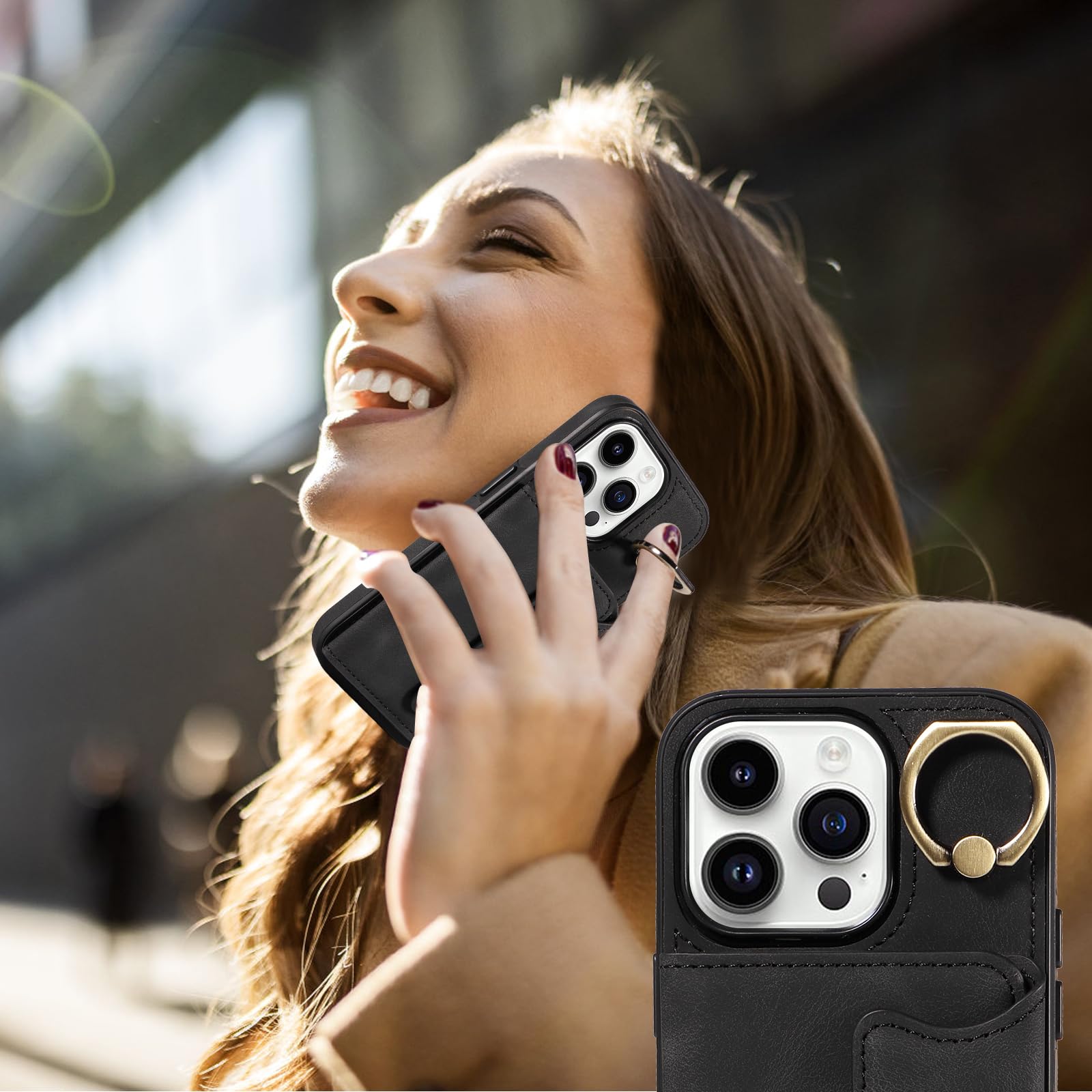 Premium PU Leather Wallet Case for iPhone 14 Pro - Magnetic Flip Cover with Card Holder & 360° Rotating Ring Stand | Shockproof Protective Phone Case for Men & Women | Perfect for Work, Travel & Daily Use (Black)