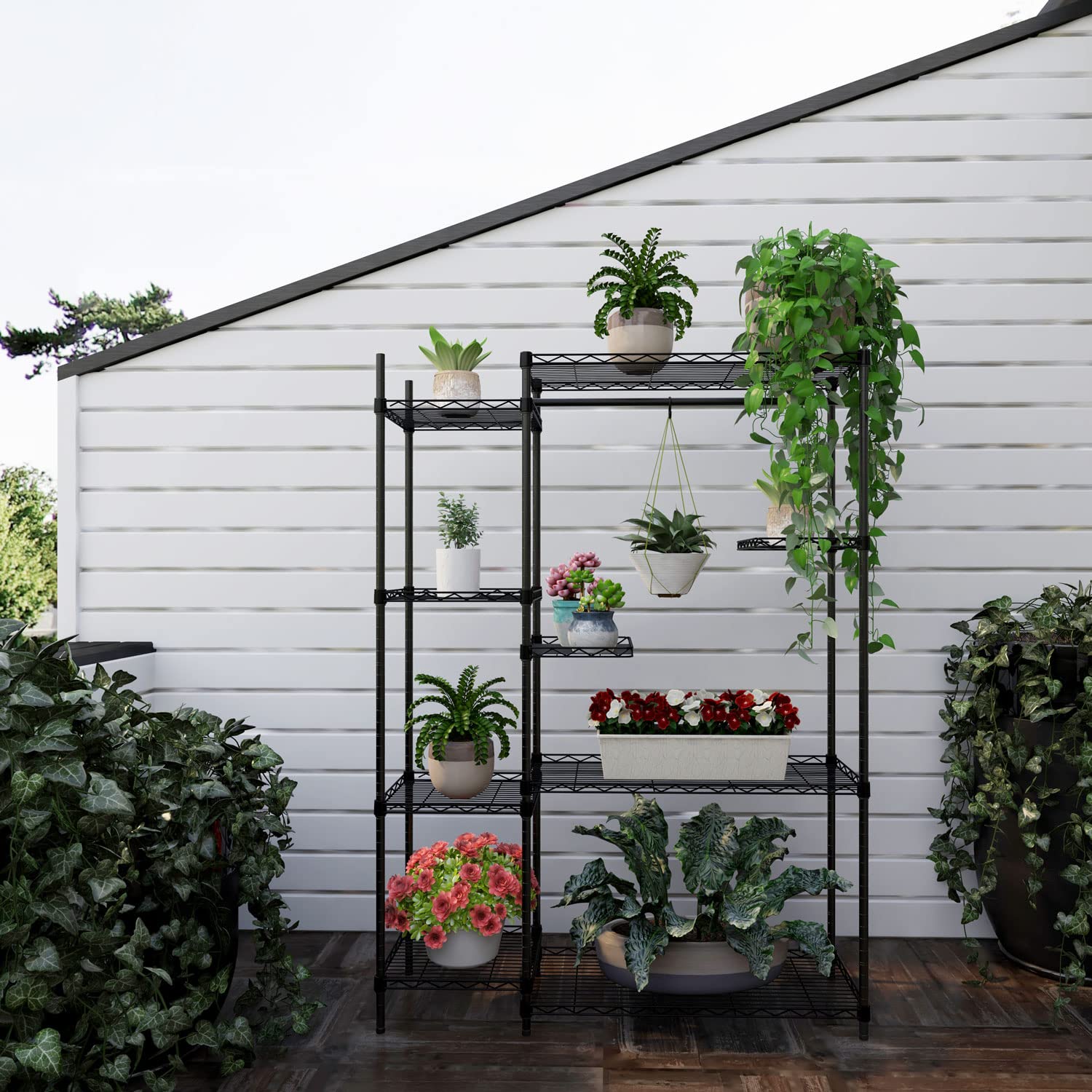 4-Tier Black Plant Stand for Indoor & Outdoor Use - Holds 14+ Pots with Hanging Rod - Perfect for Living Room, Balcony, Garden Decor & Plant Storage