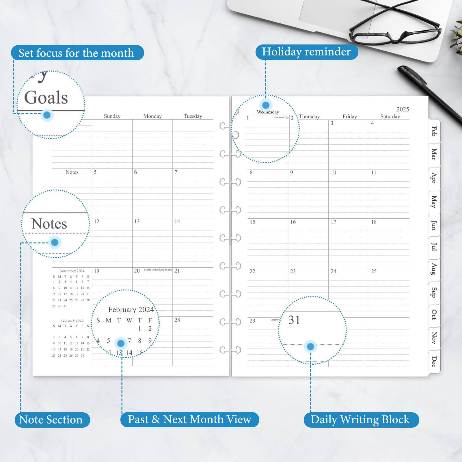 2025 Monthly Planner Refill Inserts for 9-Disc Discbound System - 12 Month Calendar with Tabs, 7
