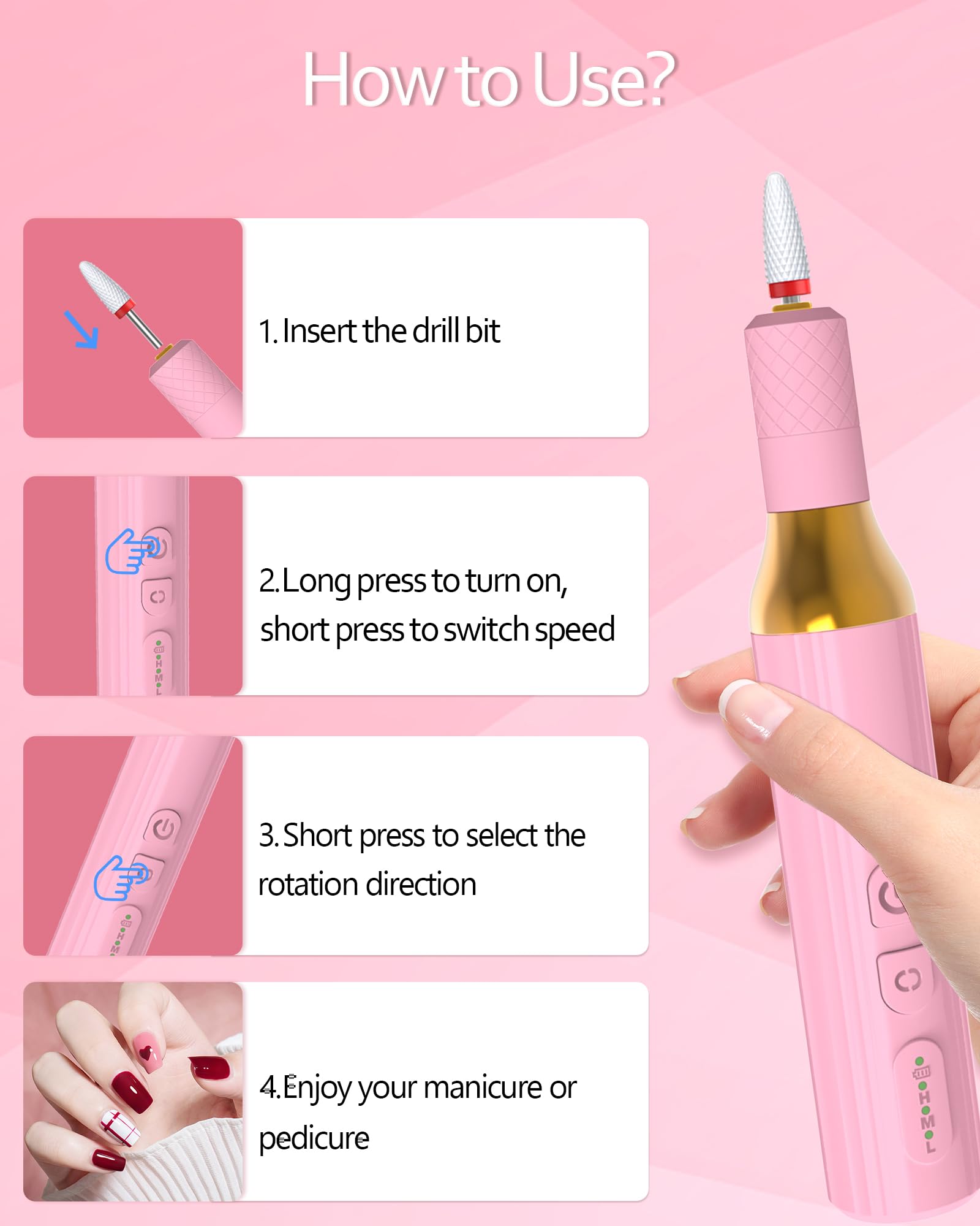 Professional Cordless Electric Nail Drill Kit - Rechargeable Portable Nail File Machine for Gel & Acrylic Nails, Home Salon Manicure Pedicure Tools (Pink) | Perfect for DIY Nail Art, Salon Professionals & At-Home Beauty Care