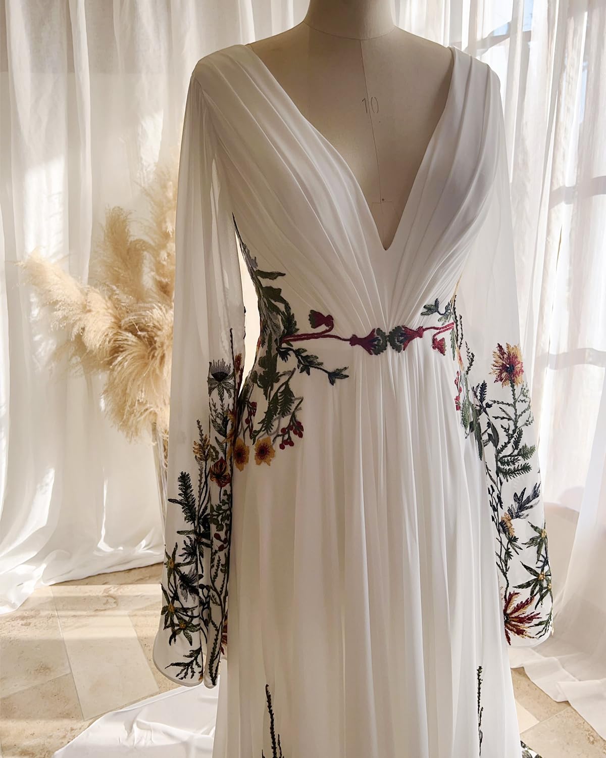 Floral Embroidered V-Neck Boho Wedding Dress for Women - Long Sleeve Lace Bridal Gown for Beach, Garden & Outdoor Ceremonies