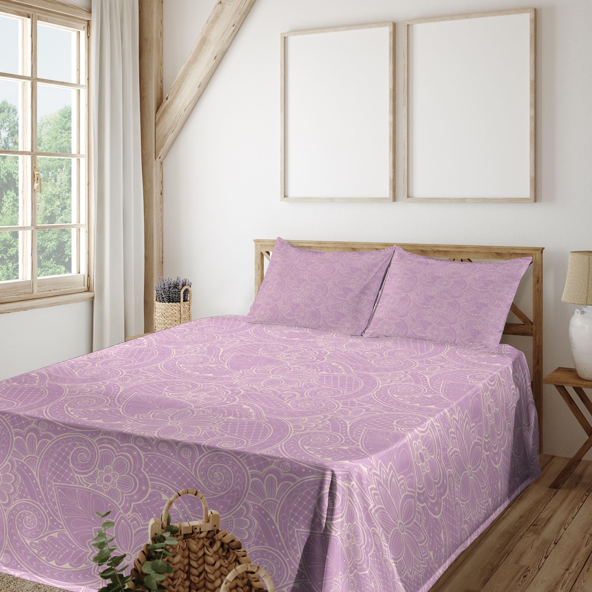 Ambesonne 4-Piece King Sheet Set - Monochrome Foliage Design with Paisley & Floral Patterns, Lavender Beige Bedding | Soft & Breathable for All Seasons | Perfect for Master Bedroom, Guest Room & Vacation Homes
