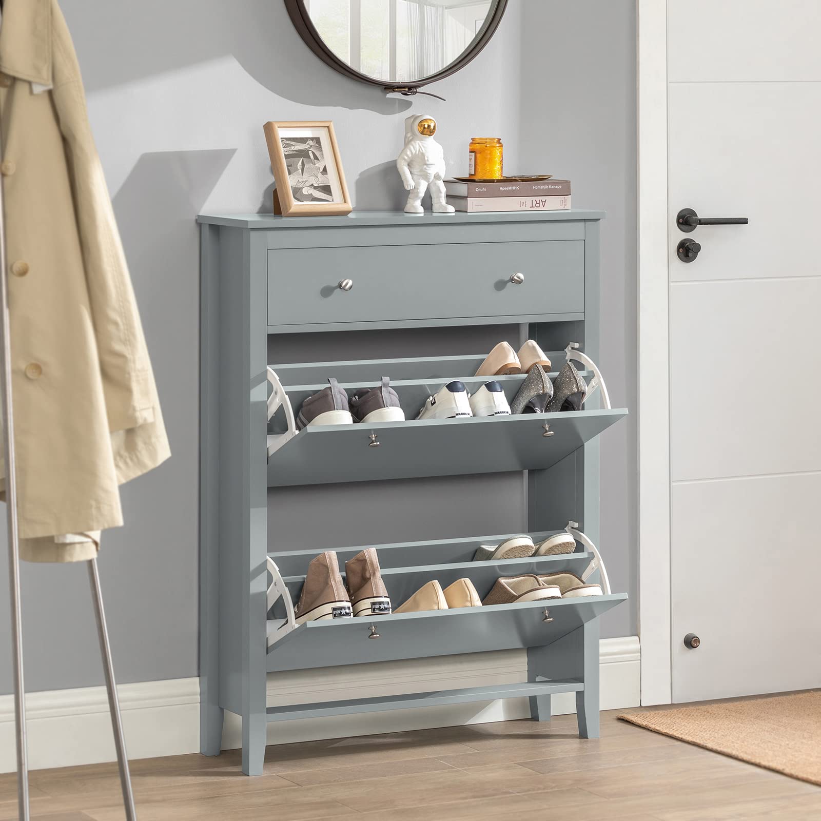 Haotian Narrow Shoe Storage Cabinet with 1 Drawer & 2 Flip Drawers - Grey Entryway Shoe Rack Organizer for Hallway, Living Room (31.5