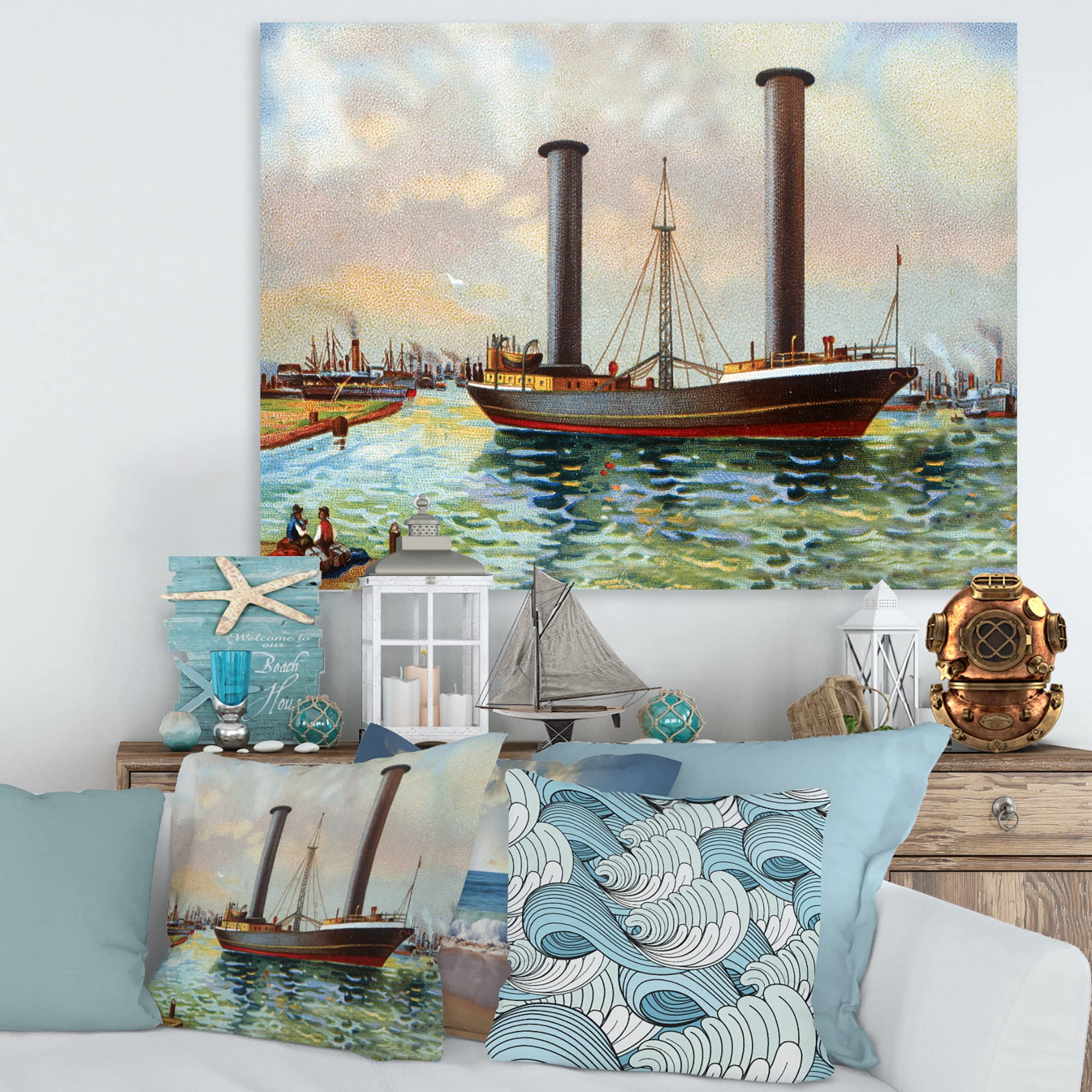 DesignQ Ancient Boat Leaving The Harbor - Nautical Coastal Canvas Wall Art Print for Living Room, Bedroom & Office Decor - Sailboat Seascape Painting for Beach House & Coastal Interior Design