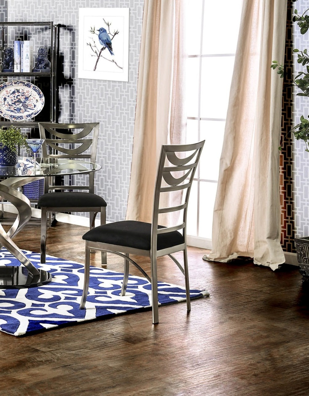Modern Silver Metal 2-Piece Dining Chair Set with Black Microfiber Seat - Ladder Back Design with Satin Powder Coating - Perfect for Kitchen, Dining Room, and Breakfast Nook