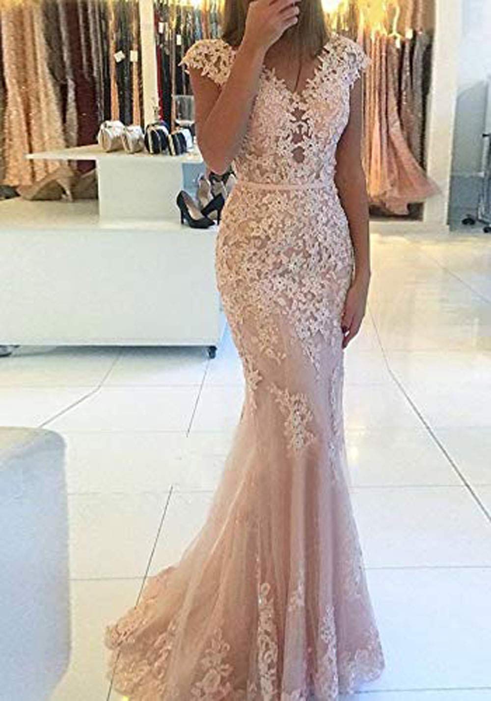 Elegant Women's Lace Mermaid V-Neck Evening Dress - Formal Prom Party Gown for Weddings, Galas & Special Occasions