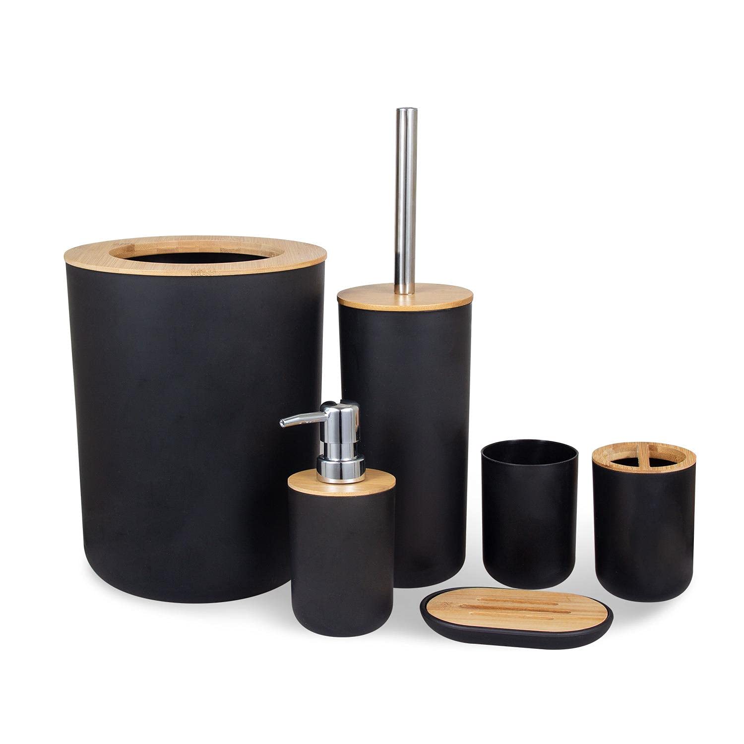 Premium 6-Piece Bathroom Accessories Set - Toothbrush Holder, Soap Dispenser, Soap Dish, Cup, Toilet Brush & Trash Can - Modern Black Bathroom Decor for Home, Hotel, Apartment & Dorm | Space-Saving & Hygienic Solution for Small Bathrooms