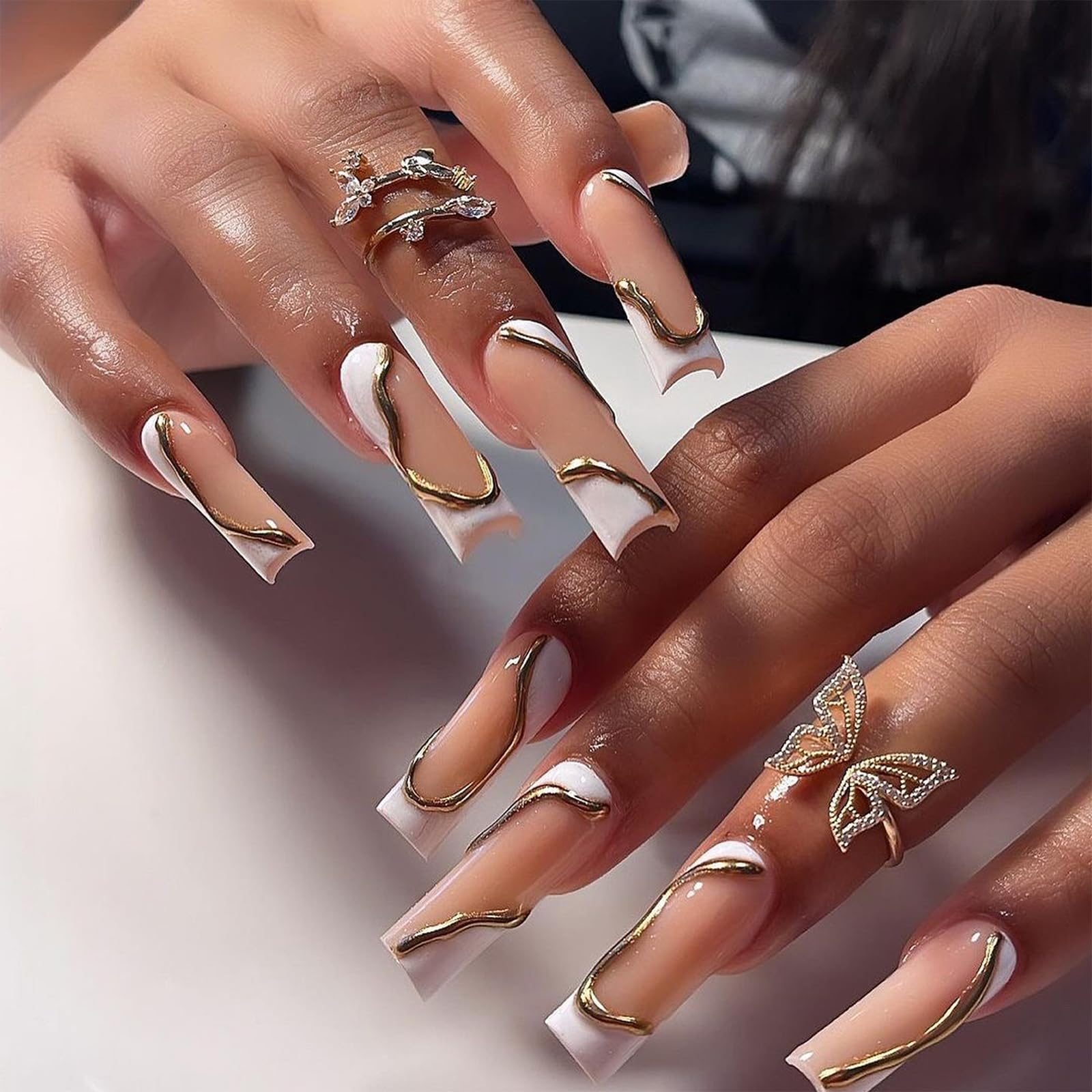 24 Pcs Long Square Press-on Nails - Golden & White Nude French Tip False Nails with Glossy Finish | Full Cover Glue-on Artificial Nails for Parties, Weddings & Everyday Wear