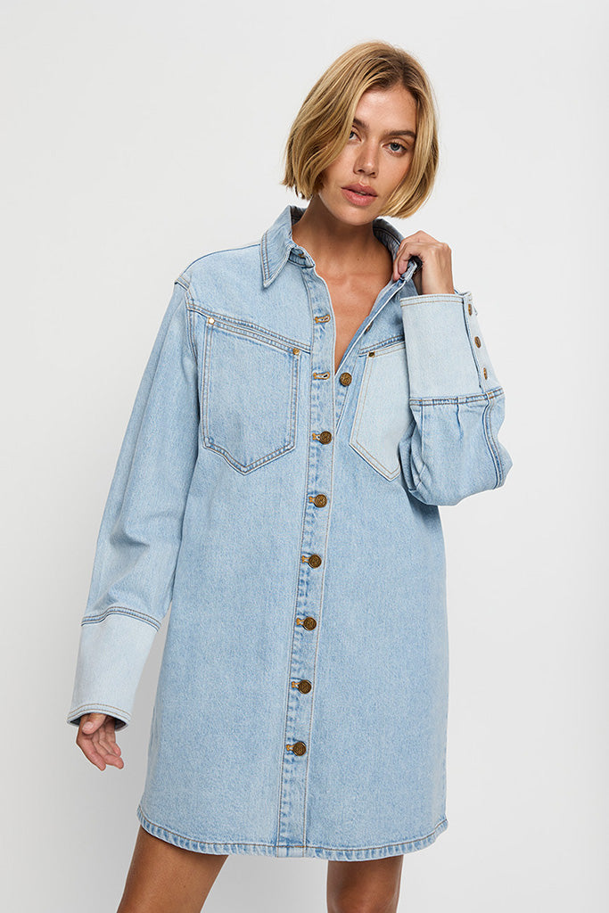 Kivari Carla Denim Mini Dress - Two Tone Wash Women's Fashion | Casual & Party Outfit for Spring & Summer