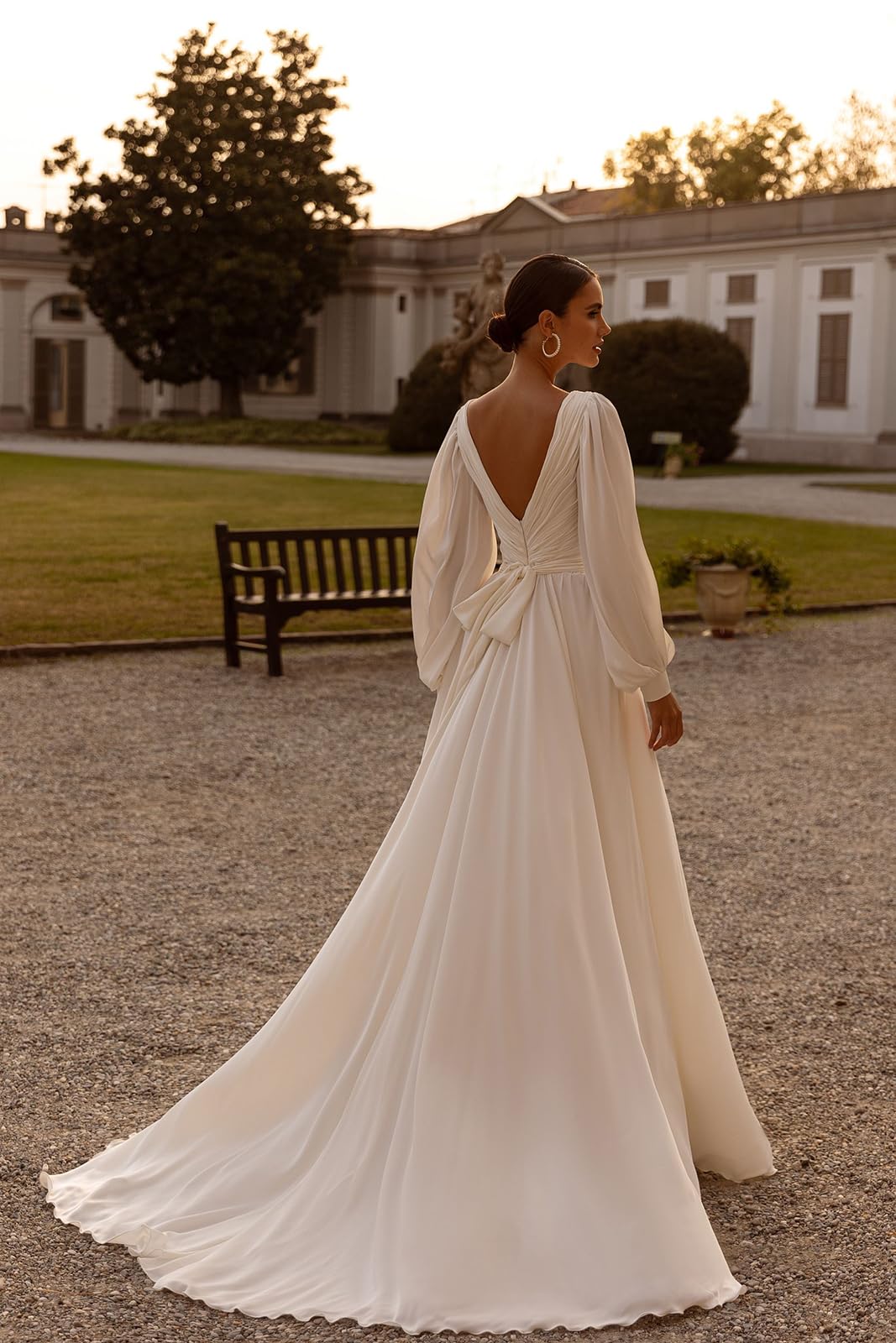 POMUYOO 2025 Long Beach Wedding Dresses for Bride – Elegant Chiffon Lace Bridal Gowns with Sleeves | Perfect for Beach, Garden & Destination Weddings