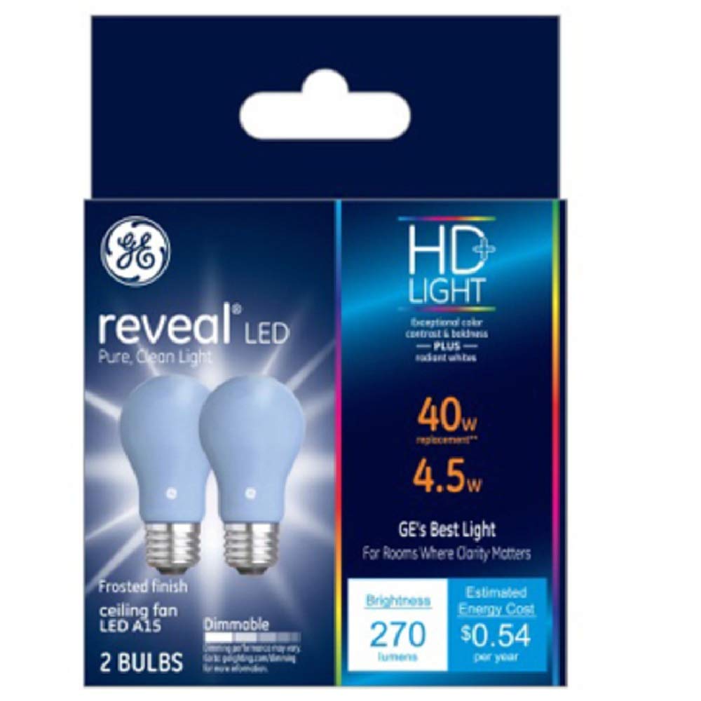 GE 31885 A15 Reveal HD Ceiling Fan LED Light Bulb, 4.5W, Soft White 2700K, Energy Efficient, Dimmable - Perfect for Bedroom, Living Room, and Indoor Spaces
