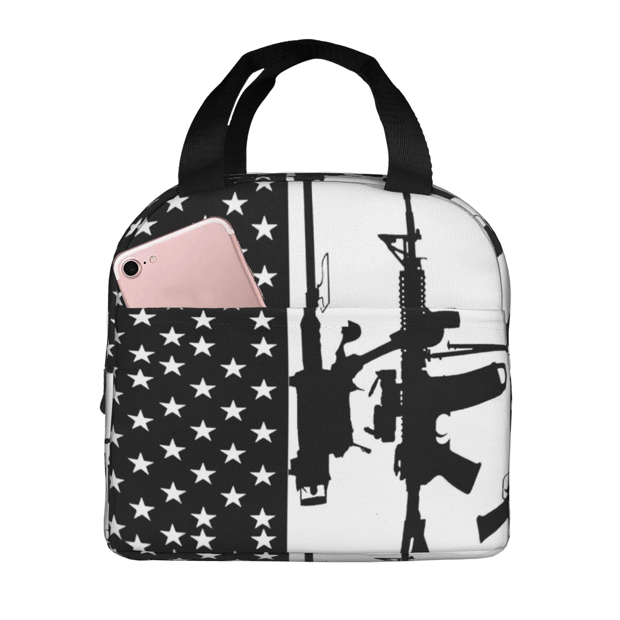 Patriotic USA Flag Gun Print Insulated Tote Lunch Bag for Women - Perfect for Work, School, Picnics & Outdoor Activities