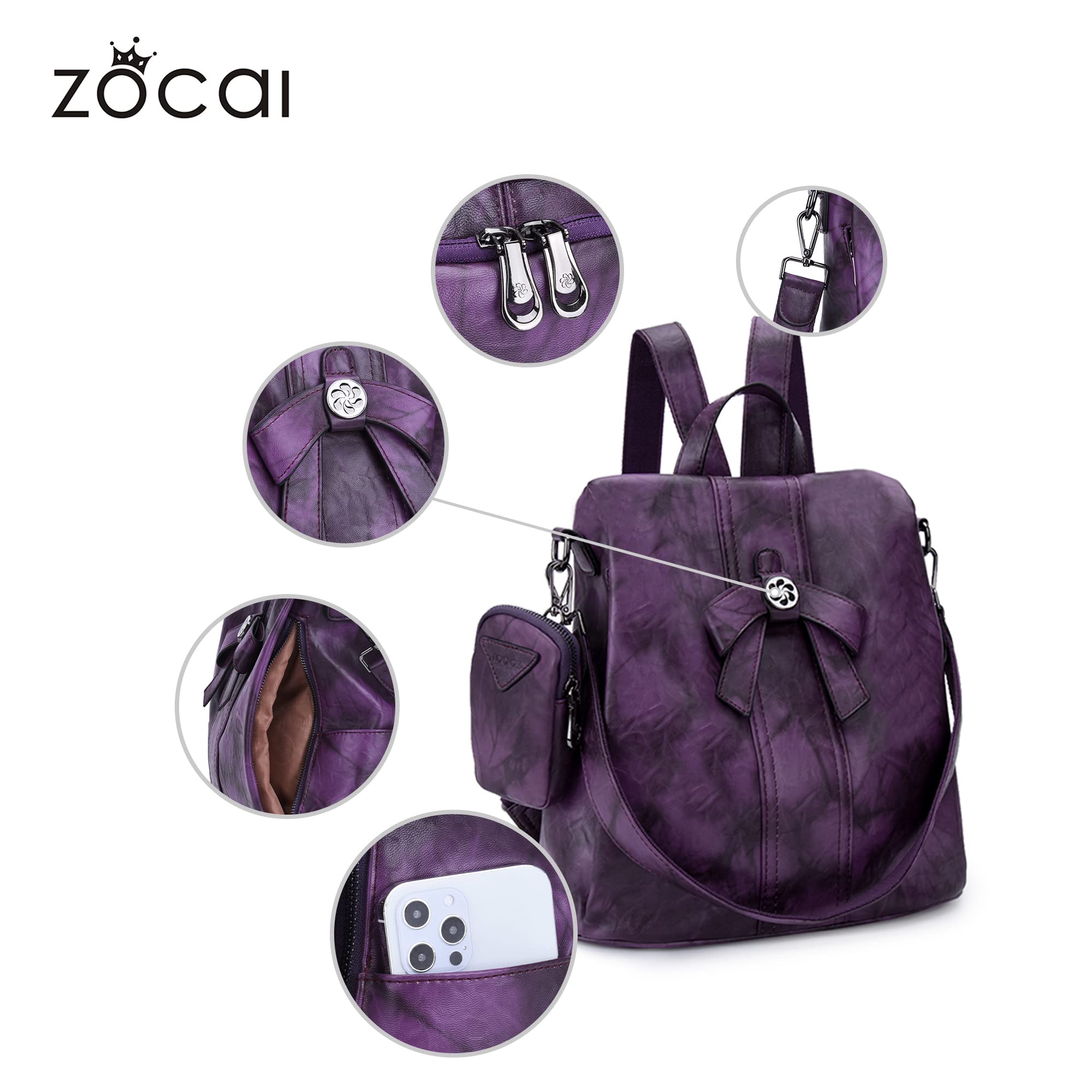 ZOCAI Women's Fashion Backpack Purse - PU Leather Anti-Theft Shoulder Bag & Satchel Daypack for Work, Travel & College (Black)