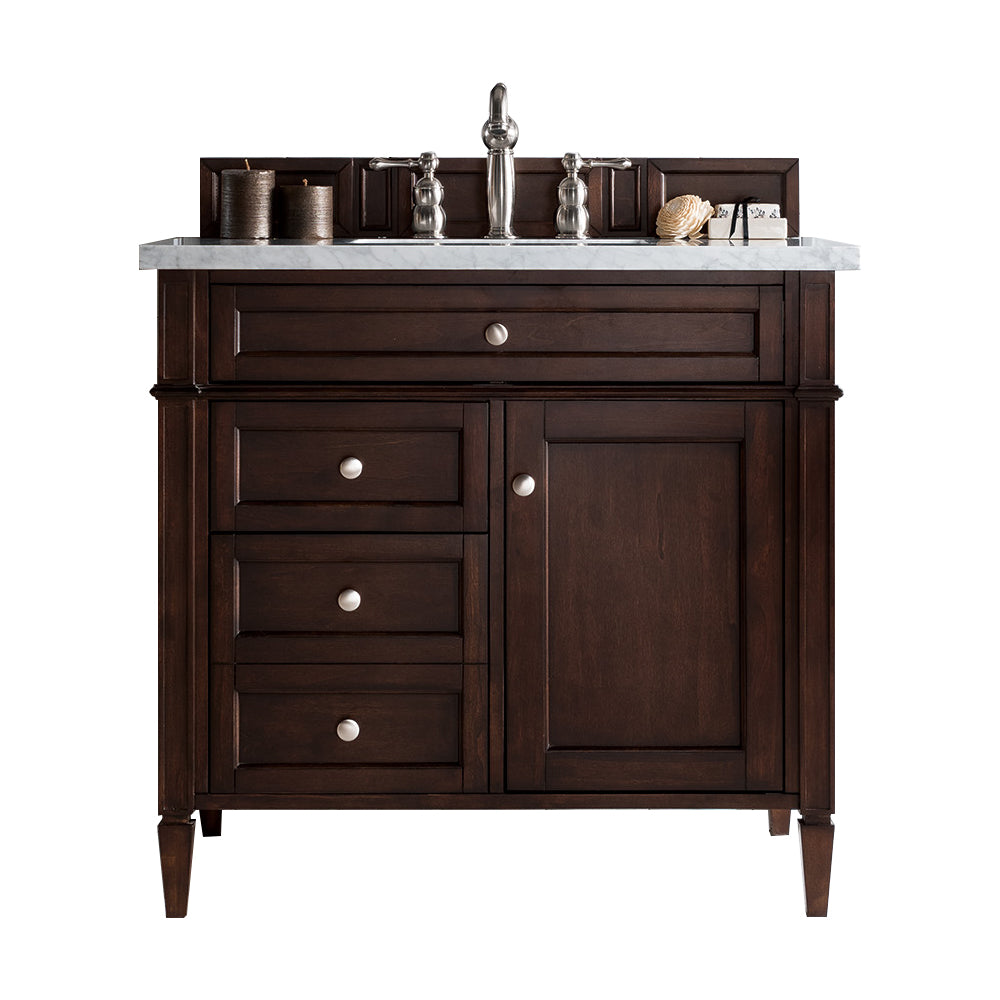 Brittany 36 Inch Burnished Mahogany Bathroom Vanity with 3CM Arctic Fall Solid Surface Top - Modern Single Sink Vanity for Master Bathroom & Powder Room Remodel