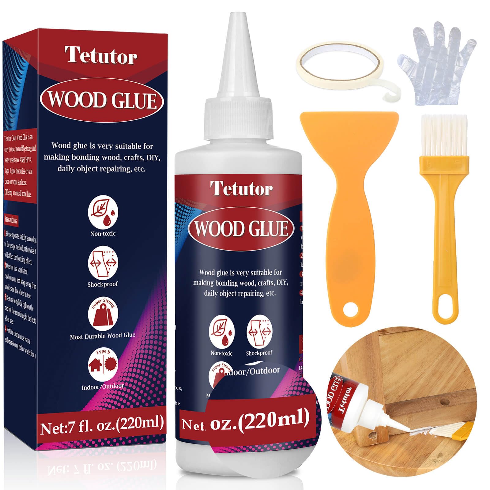 220ml Heavy Duty Wood Glue for Furniture Repair & Woodworking - Waterproof Clear Adhesive with Brush & Spatula Included - Strong Bond for Crafts, DIY Projects, and Home Improvement
