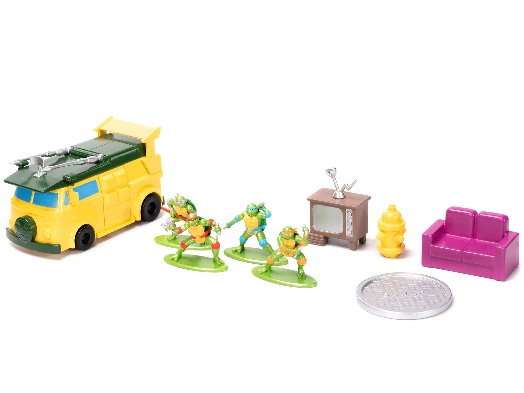 Teenage Mutant Ninja Turtles Action Figure Set - TMNT Turtle Lair Diorama with Party Wagon & 4 Character Figures | Collectible Nano Scene Model by JADA | Perfect for Display, Play & TMNT Fans Collection