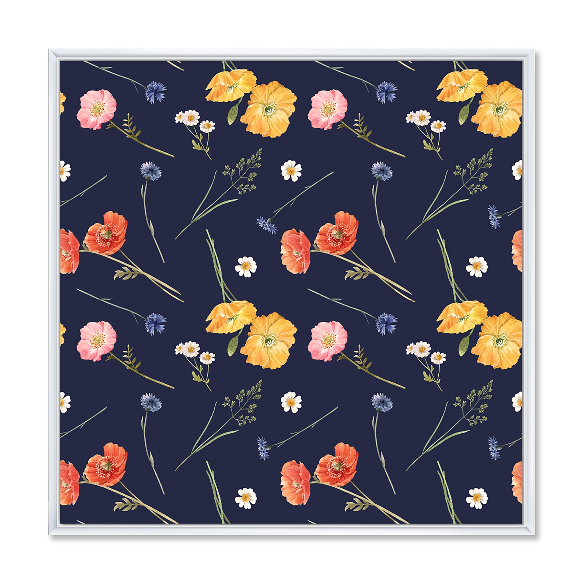 Traditional Framed Canvas Wall Art Print - Orange & Yellow Wild Flowers on Dark Blue Design | Home Decor, Living Room, Bedroom, Office Wall Art