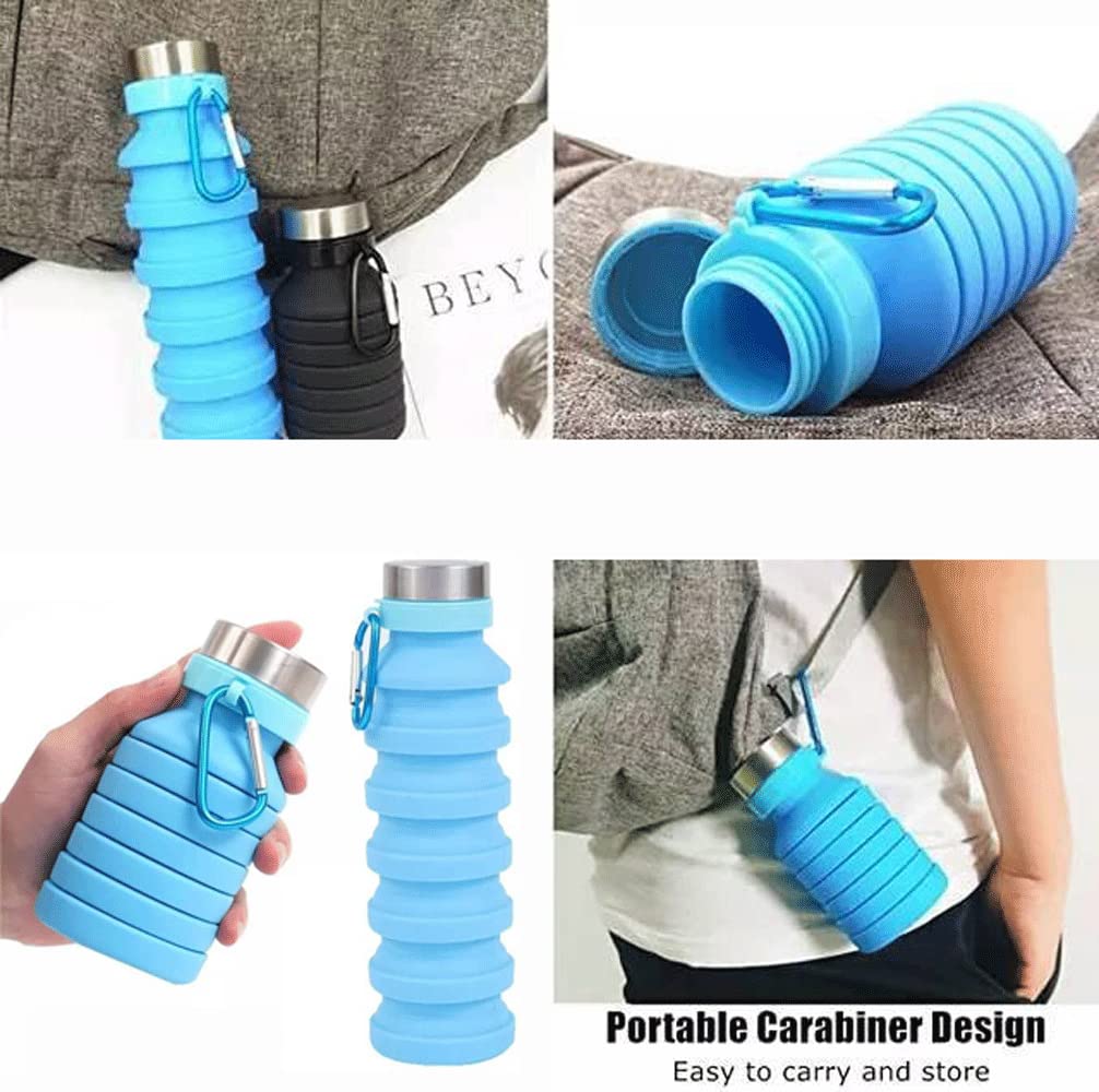 Collapsible Water Bottle 16oz (500ml) - BPA Free Silicone Foldable Sports Bottle with Carabiner for Hiking, Travel & Outdoor Activities | Portable Expandable Water Container for Gym, Camping & Daily Use
