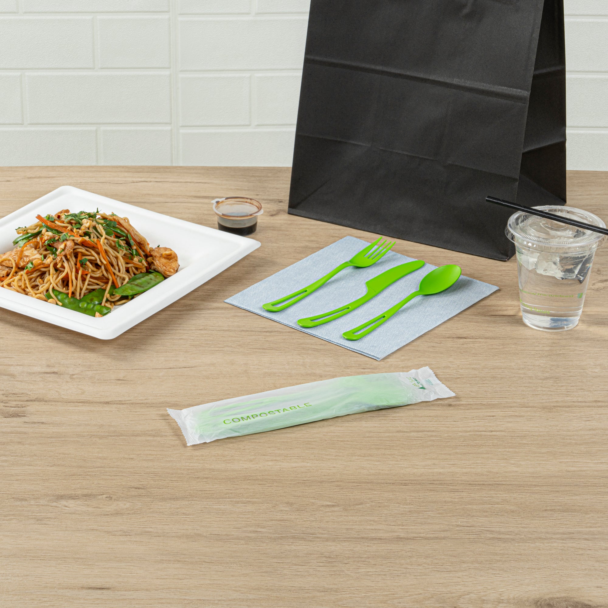 Eco-Friendly Compostable CPLA Plastic Cutlery Set - 100-Piece Heat Resistant Utensils with Biodegradable Wrapper (7.5