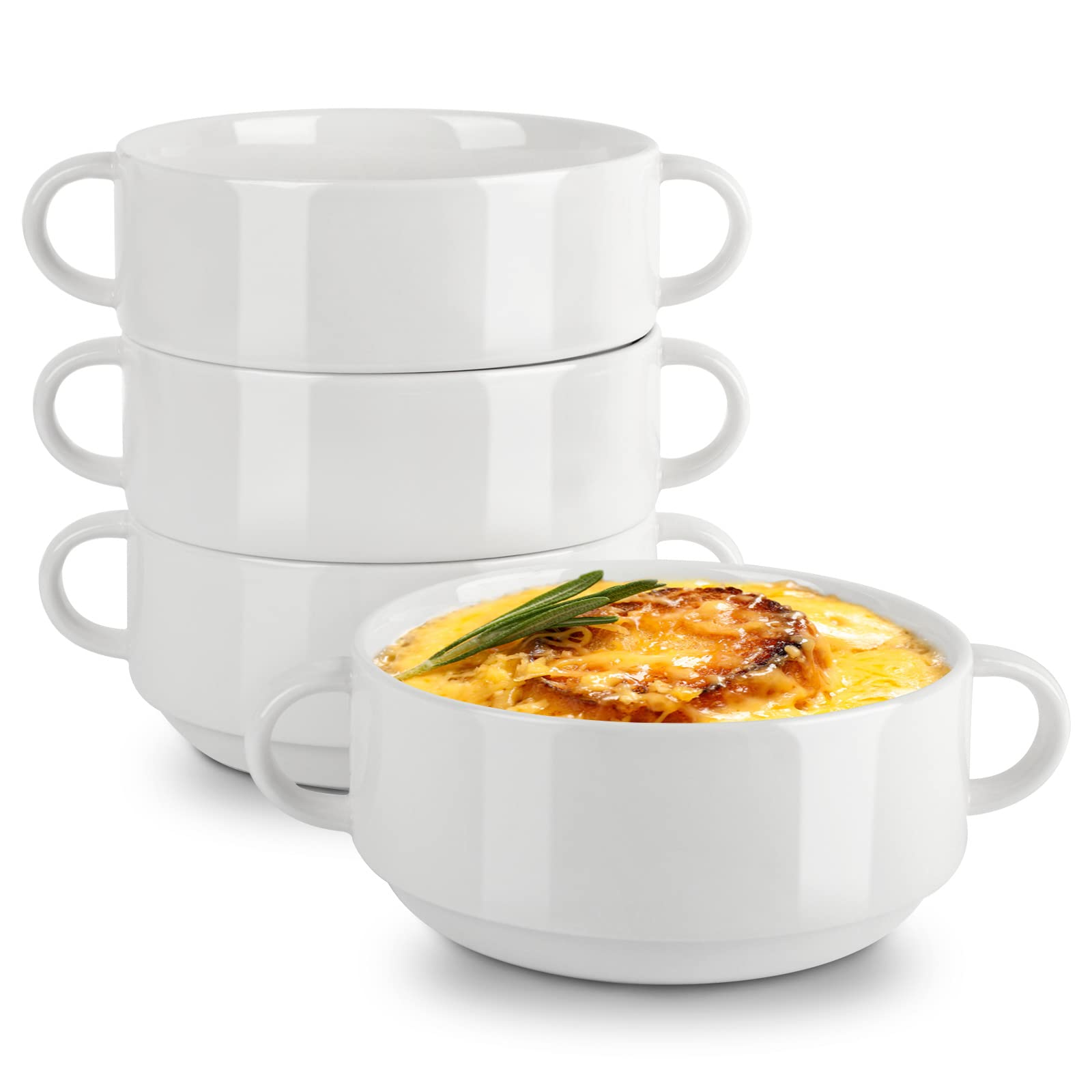 4-Pack 22oz Ceramic Bowls with Handles - Microwave & Oven Safe Soup Bowls for French Onion, Salad, Cereal, Dessert - Stackable Dishwasher Safe Serving Bowls for Kitchen, Dining & Entertaining