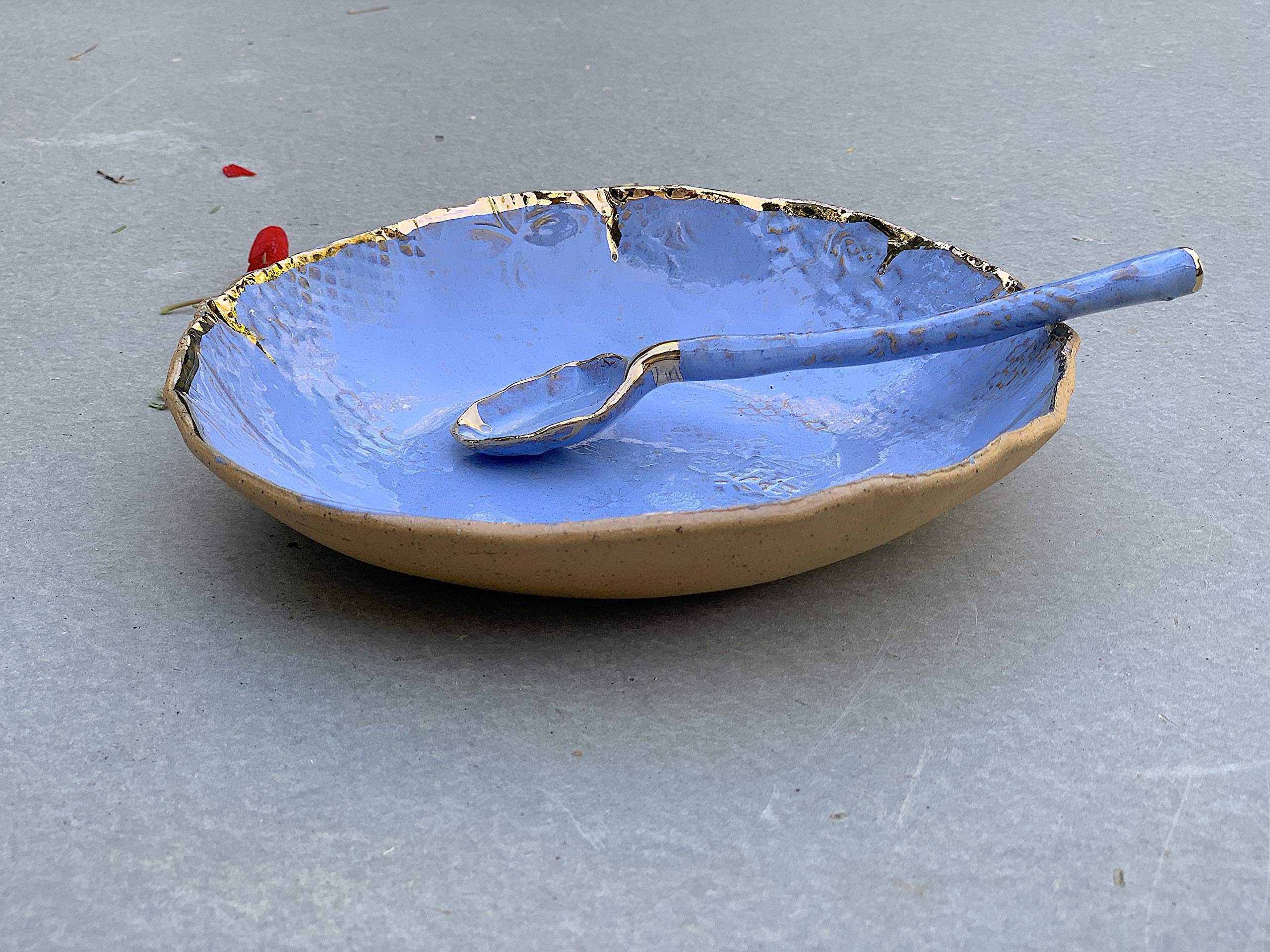 Handmade Ceramic Blue Gold and Brown Clay Bowl and Spoon Set - Artisan Kitchen Serving Dish for Soup, Salad, Dips, Cereal - Perfect for Dining, Gifts & Home Decor