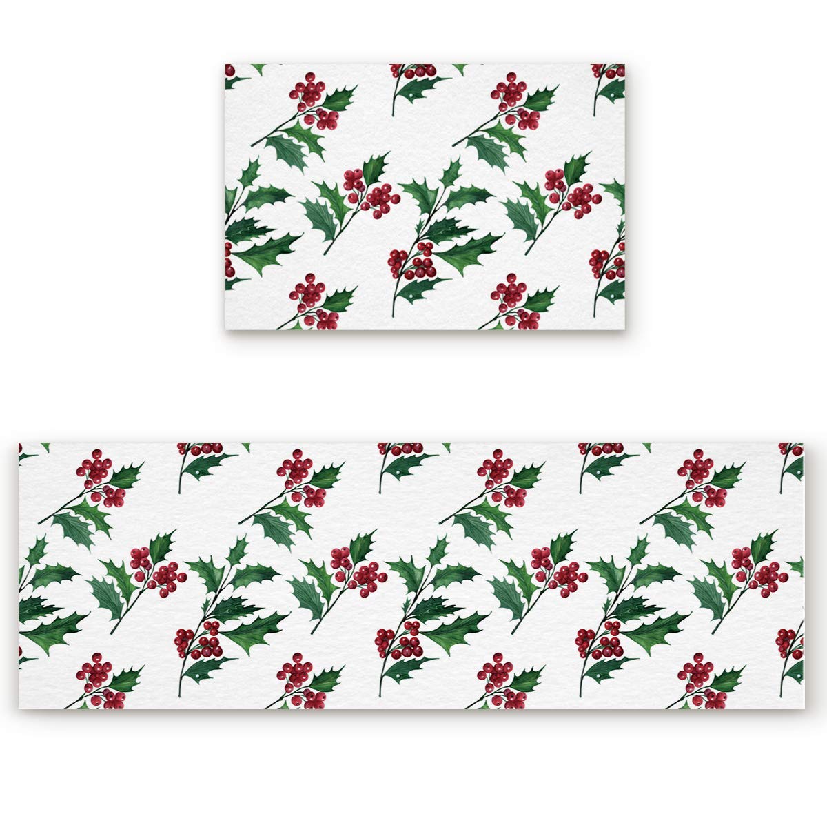 Non-Slip Kitchen Rugs Set of 2 - Christmas Berries & Holly Print Washable Runner Carpet with Rubber Backing | Water-Absorbing Low Pile Area Mat for Bedroom, Bathroom & Indoor Use | Perfect for Holiday Decor, Home Accent & High-Traffic Areas