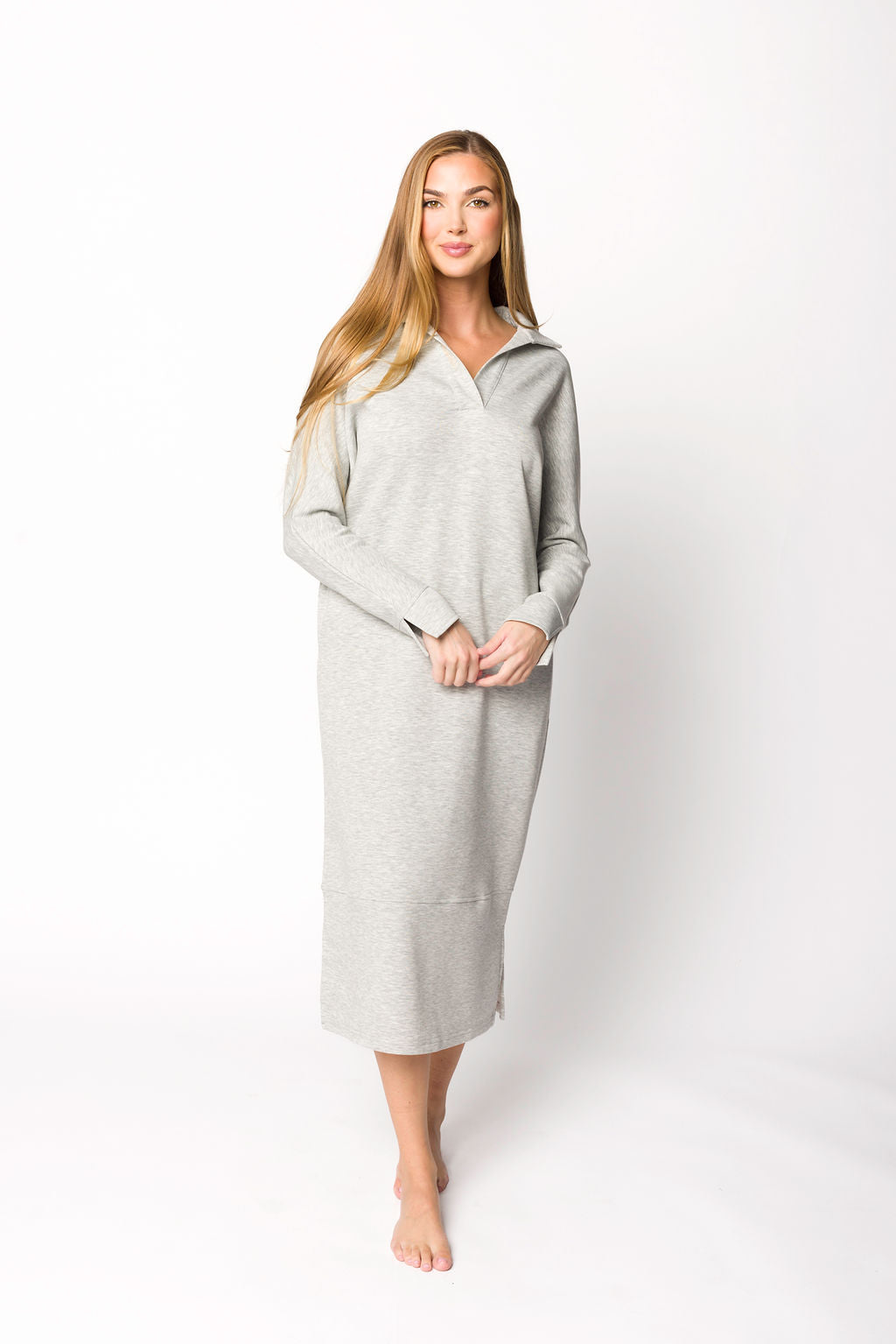 Myra Collared Long Sleeve Maxi Dress - Heather Grey Women's Elegant Formal Dress for Office, Wedding & Special Occasions