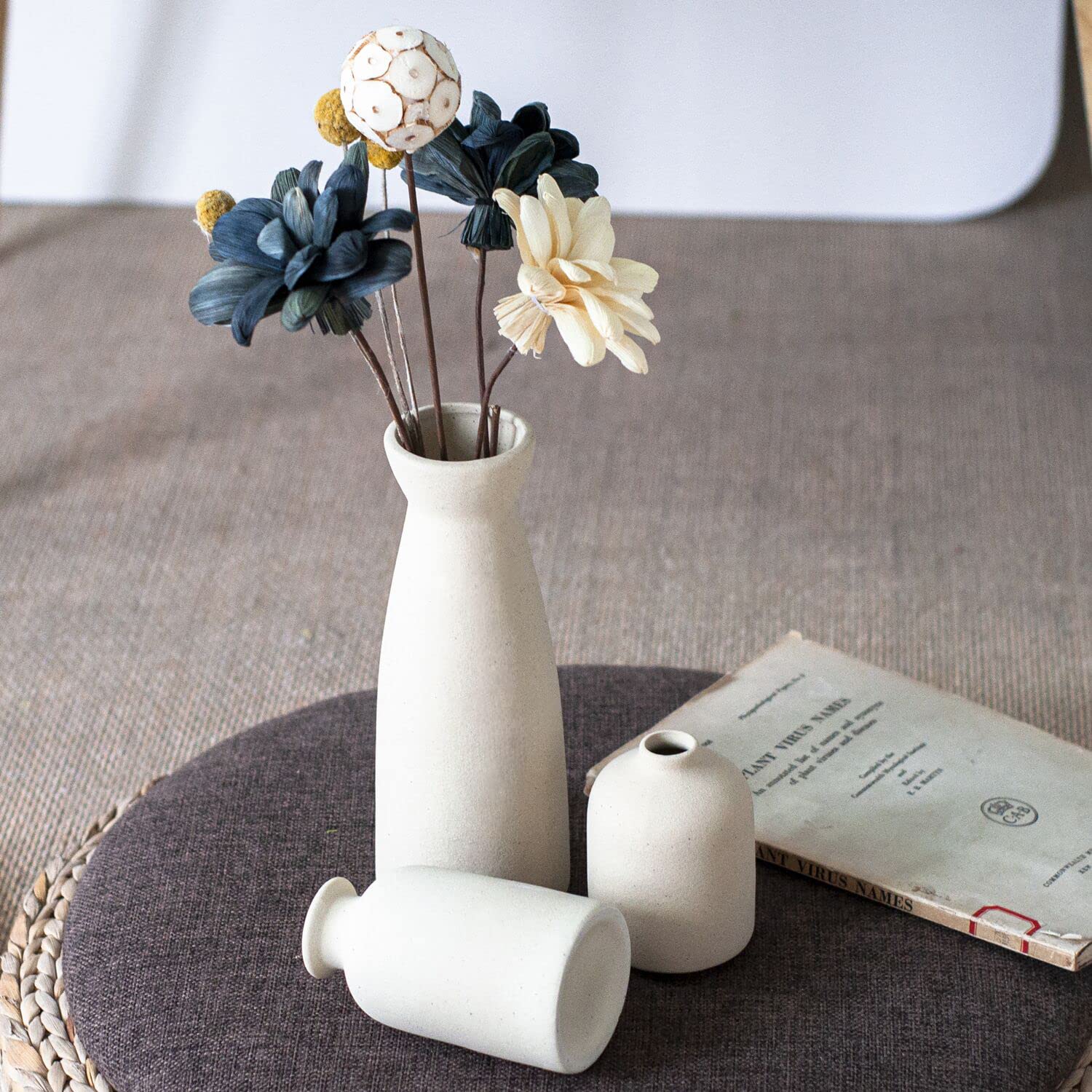 CEMABT Beige Ceramic Vase Set of 3 - Small Modern Boho Farmhouse Flower Vases for Home Decor, Perfect for Pampas Grass & Dried Flowers - Ideal for Shelf, Table, Bookshelf, Entryway and Living Room Decor - Distressed Finish