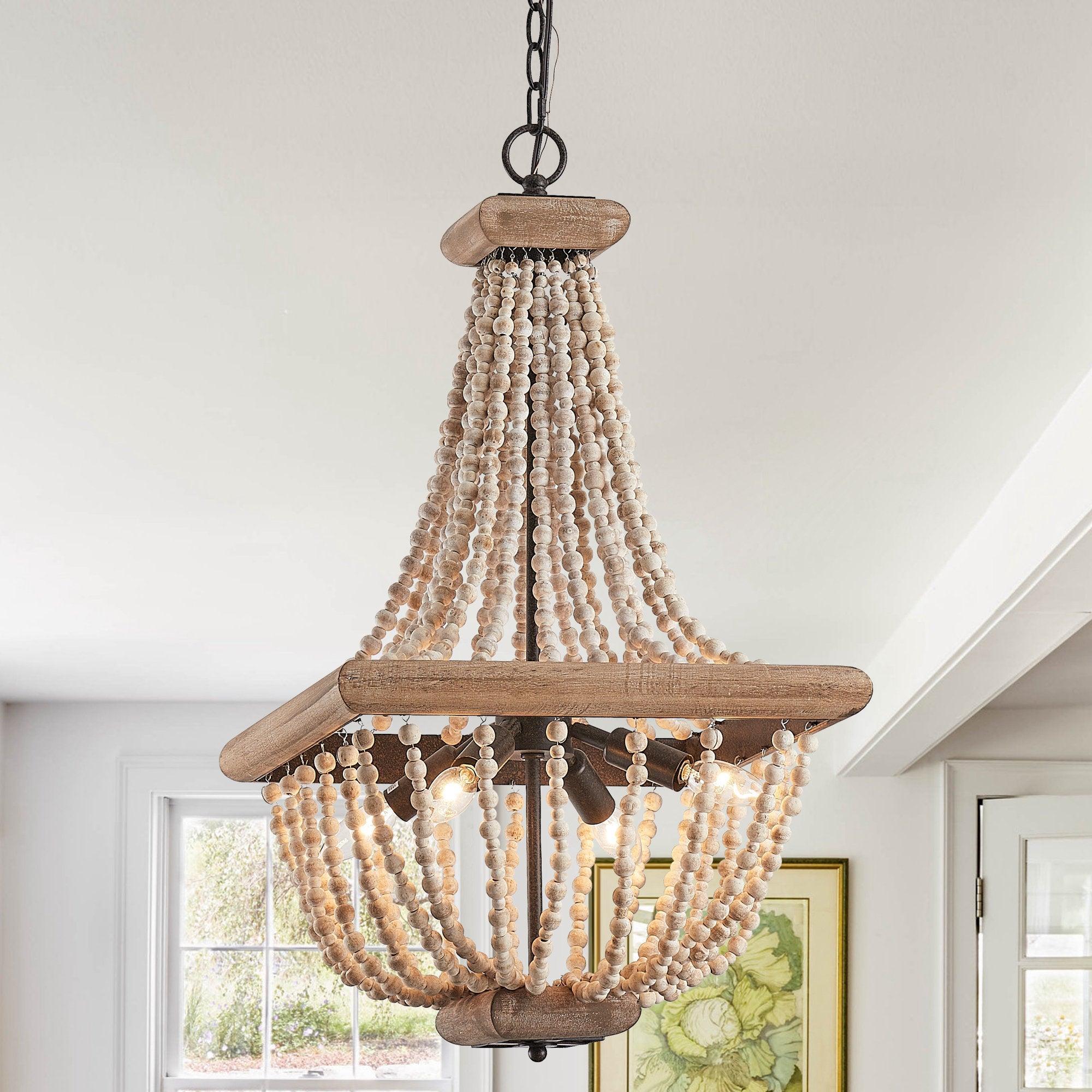 Regas 4-Light Wood Bead Candle Style Chandelier - Rustic Farmhouse Ceiling Light Fixture for Dining Room, Bedroom, or Living Room Decor
