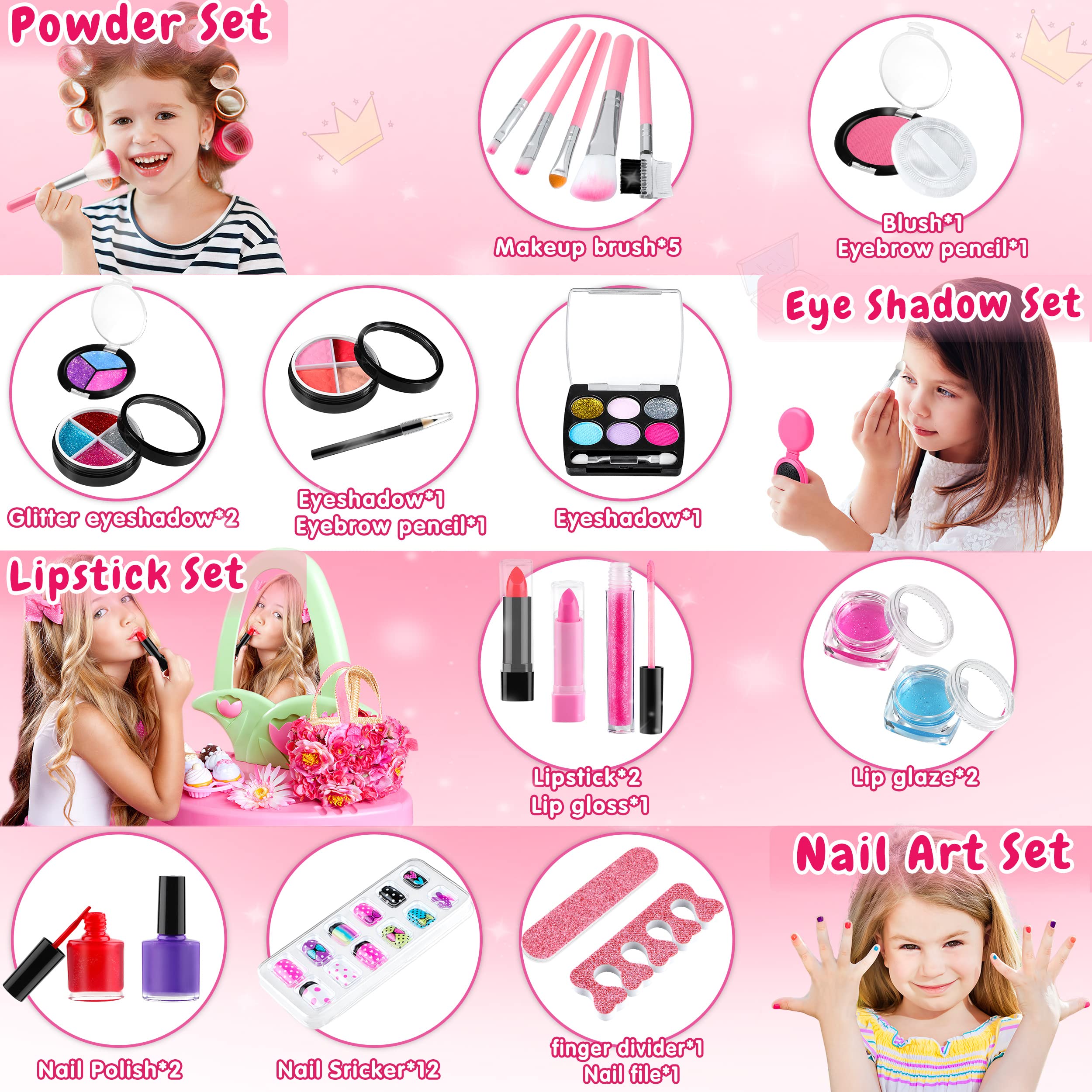 GIFTINBOX 25PCS Kids Makeup Kit for Girls - Non-Toxic Washable Pretend Play Cosmetic Set with Travel Case | Perfect Birthday Gift for Girls 5-10 Years Old | Great for Dress-Up, Role Play & Birthday Parties