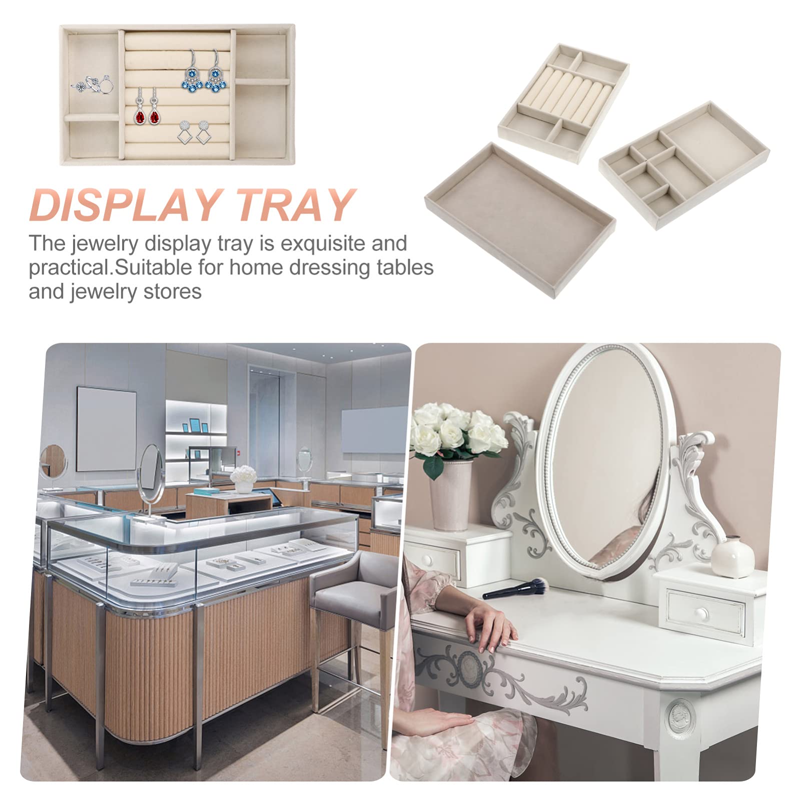 Cabilock 3-Piece Stackable Jewelry Organizer Trays - Drawer Storage for Earrings, Necklaces, Bracelets & Rings - Grey & Beige Display Trays for Home, Travel & Retail Store Organization