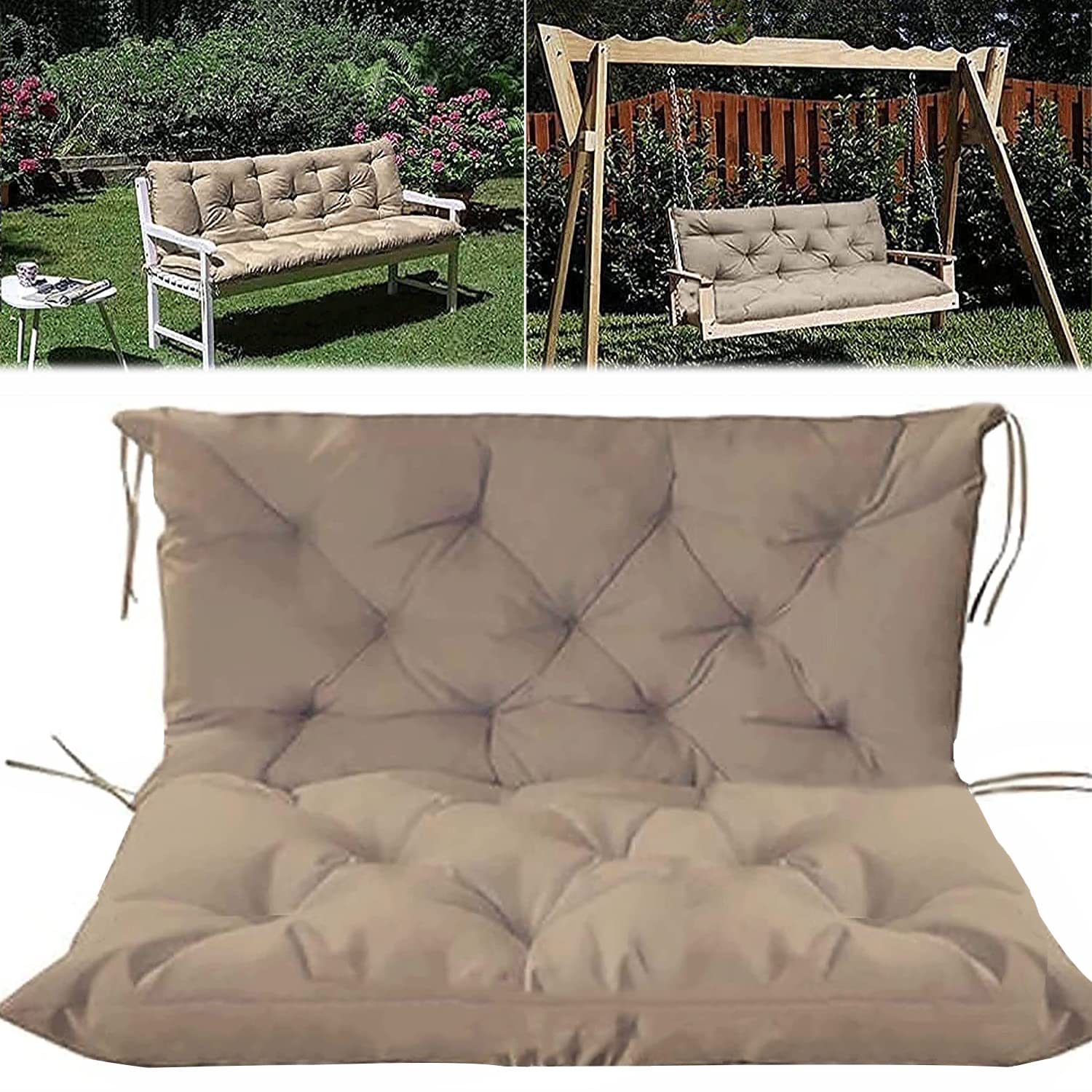 3-Seat Swing Replacement Cushions - Soft Waterproof Outdoor Bench Cushions with Backrest & Ties, Non-Slip Patio Swing Cushion Set for Garden, Porch, Deck (Khaki 40x47 Inch) - Perfect for Relaxing in Your Backyard or Outdoor Living Space