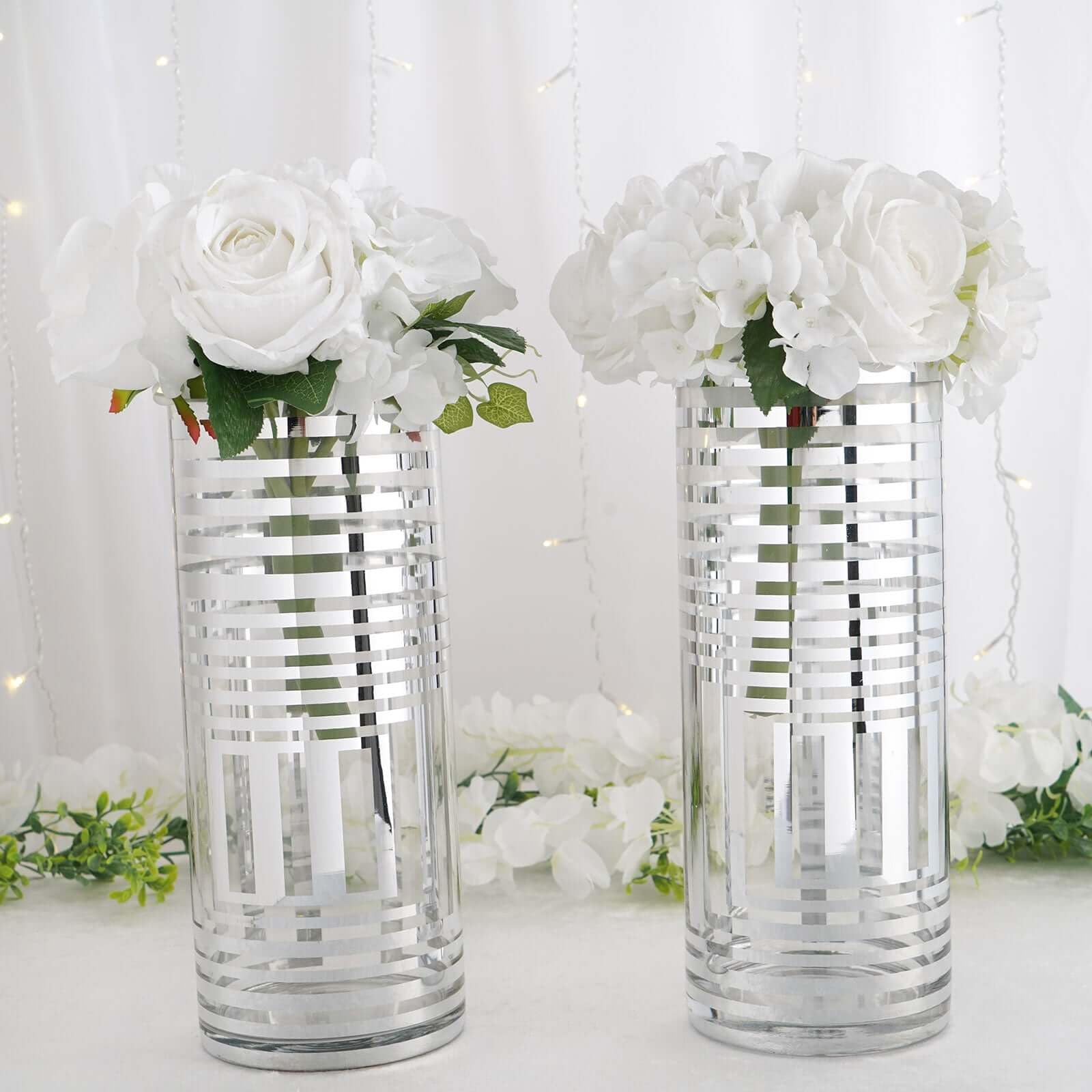Efavormart 2 Pack 12 Inch Silver Striped Cylinder Glass Vases for Wedding Centerpieces, Floral Arrangements, Home Decor and Party Decorations