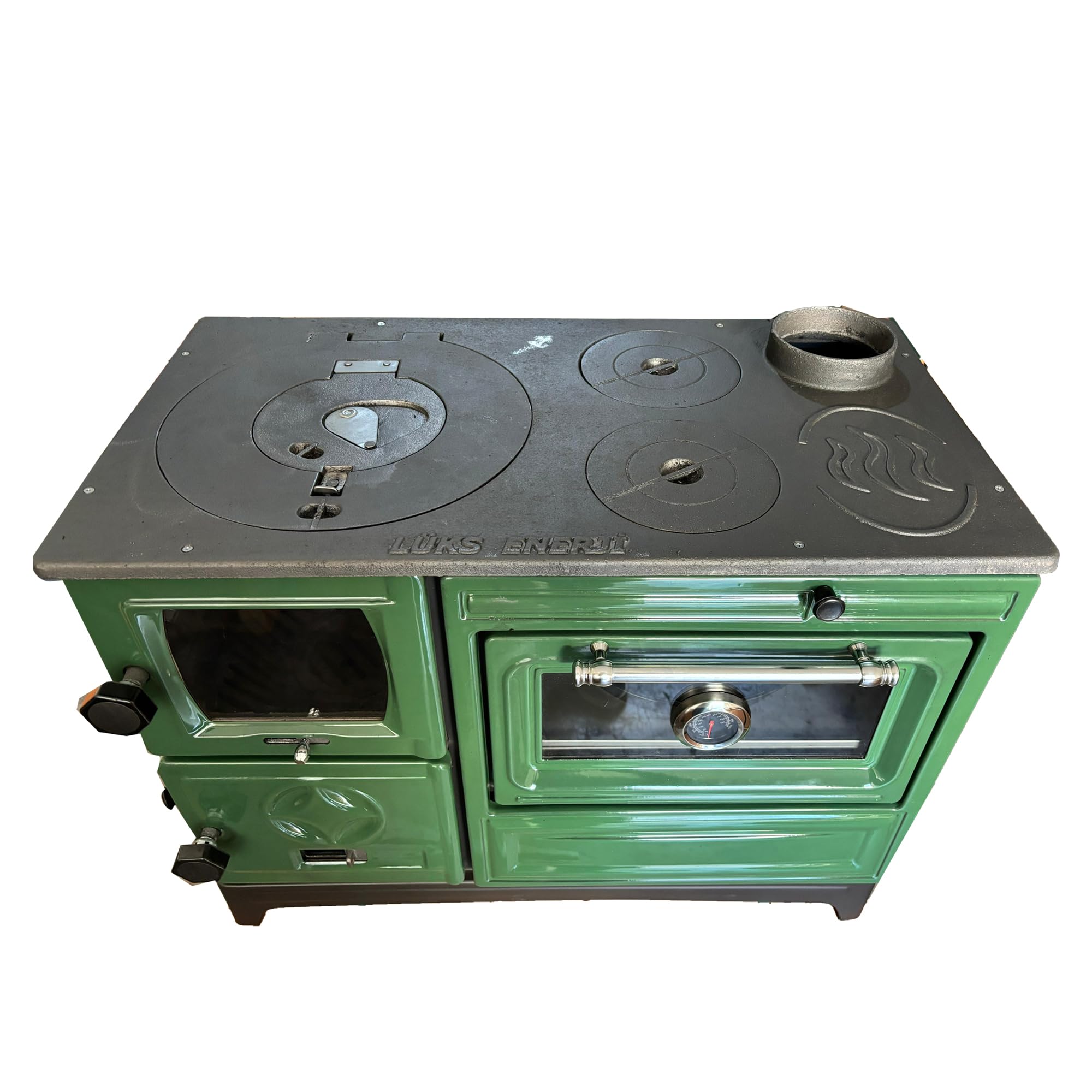 Vintage Green Cast Iron Wood Cook Stove with Oven - Efficient Wood Burning Stove Range for Kitchen & Cabin - Includes Built-in Thermometer - Perfect for Rustic Homes, Farmhouses & Off-Grid Living - Handcrafted in Turkey