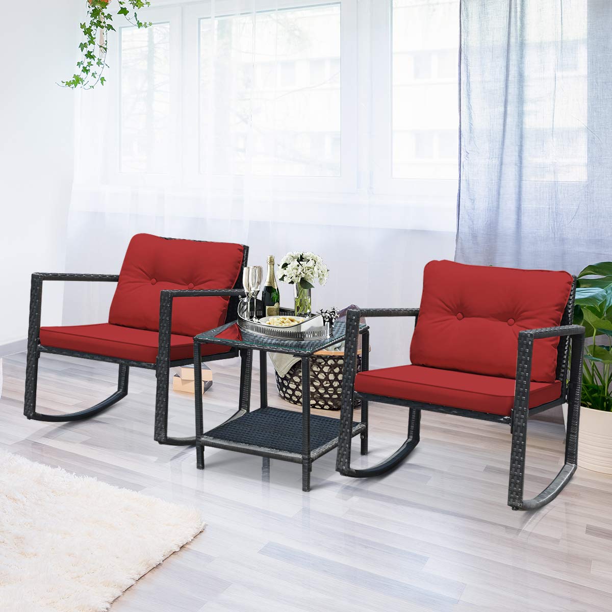 Tangkula 3-Piece Patio Wicker Rocking Bistro Set - Outdoor Rocking Chairs with Cushioned Seats, Glass Coffee Table & Storage Shelf - Red - Perfect for Backyard, Garden, Porch or Balcony Relaxation