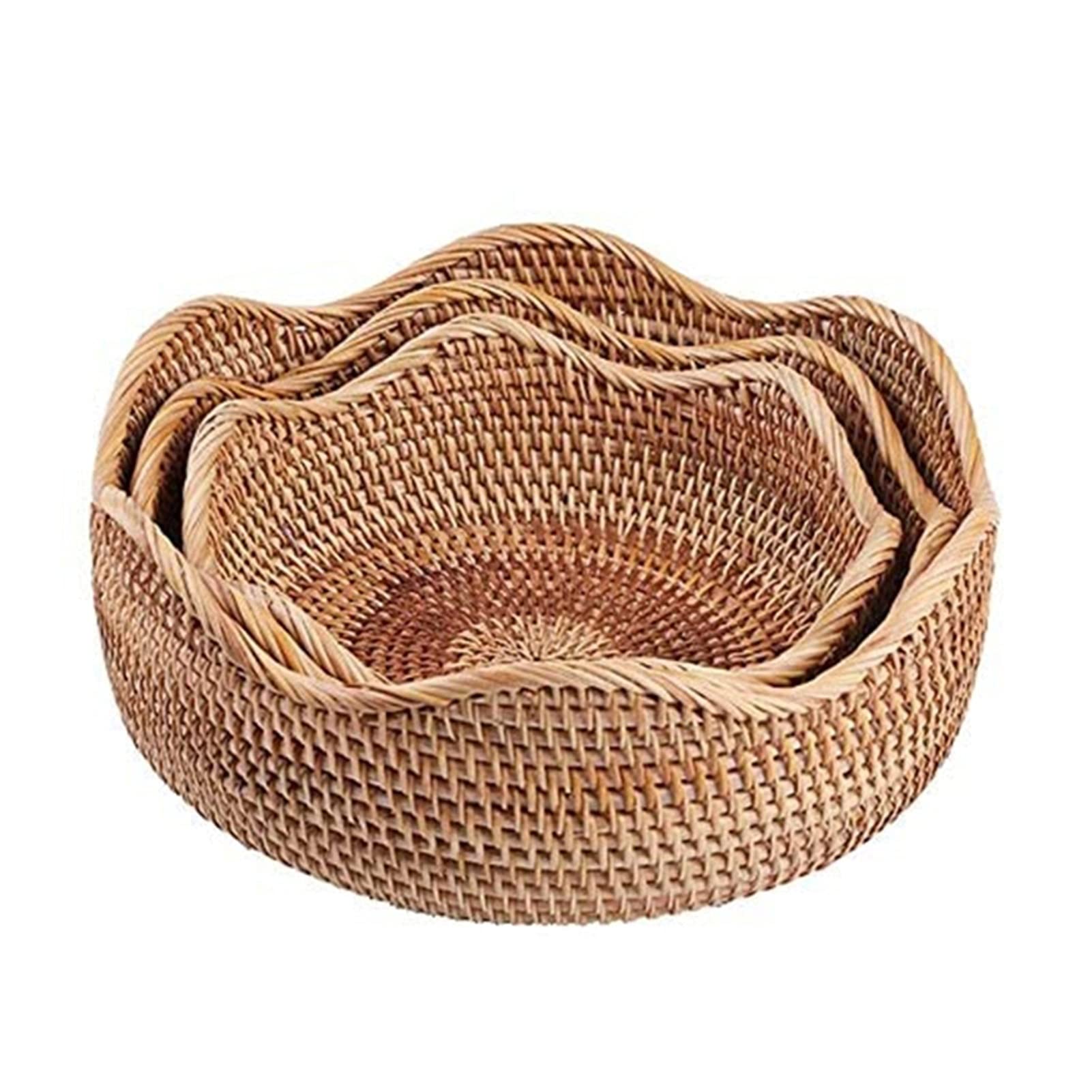 Handwoven Round Rattan Fruit Basket - Natural Wicker Food Tray & Storage Bowl for Kitchen, Dining Table, or Bathroom Organizer (Small, Medium, Large) - Perfect for Fruits, Bread, Cosmetics & Home Decor