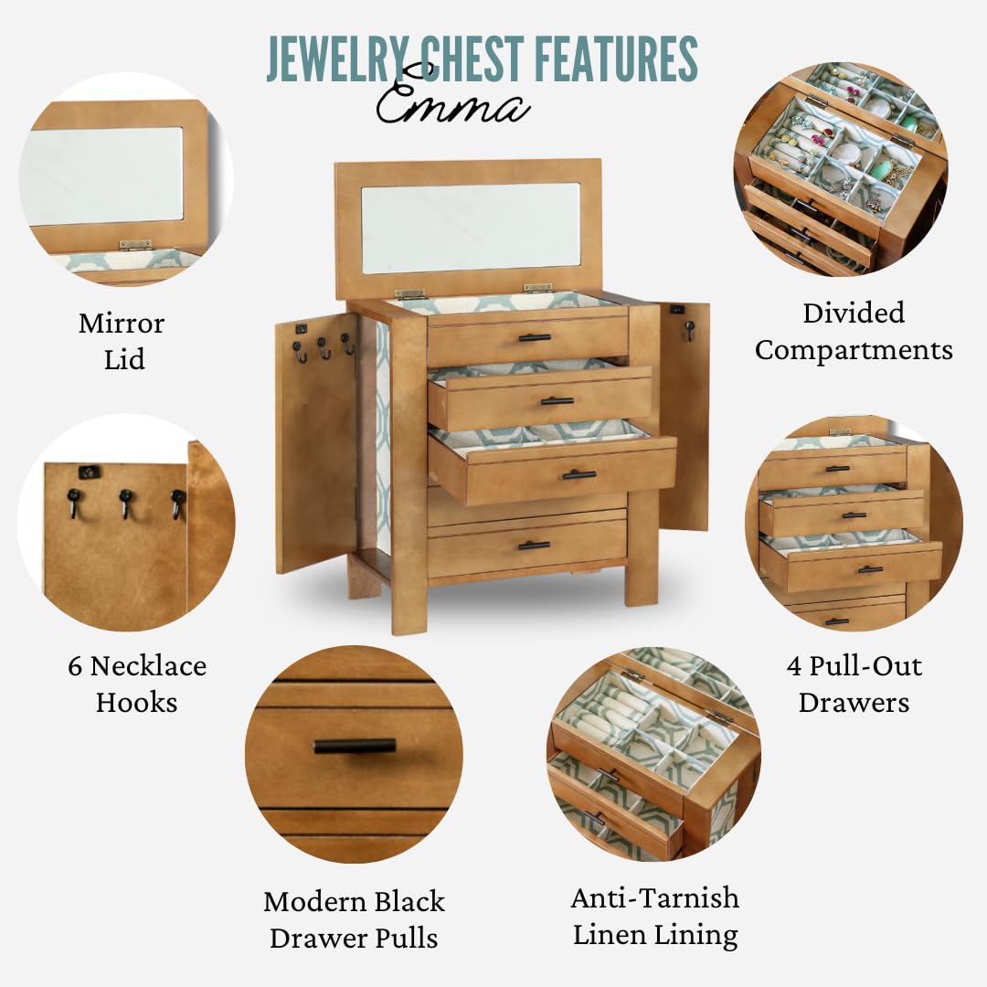 Emma Elegant Jewelry Organizer - 4-Drawer Wooden Chest with Necklace Hooks & 2 Doors - Stylish Dresser-Top Storage Box for Necklaces, Rings & Accessories - Pine Wood Jewelry Box for Bedroom Vanity & Gift Giving