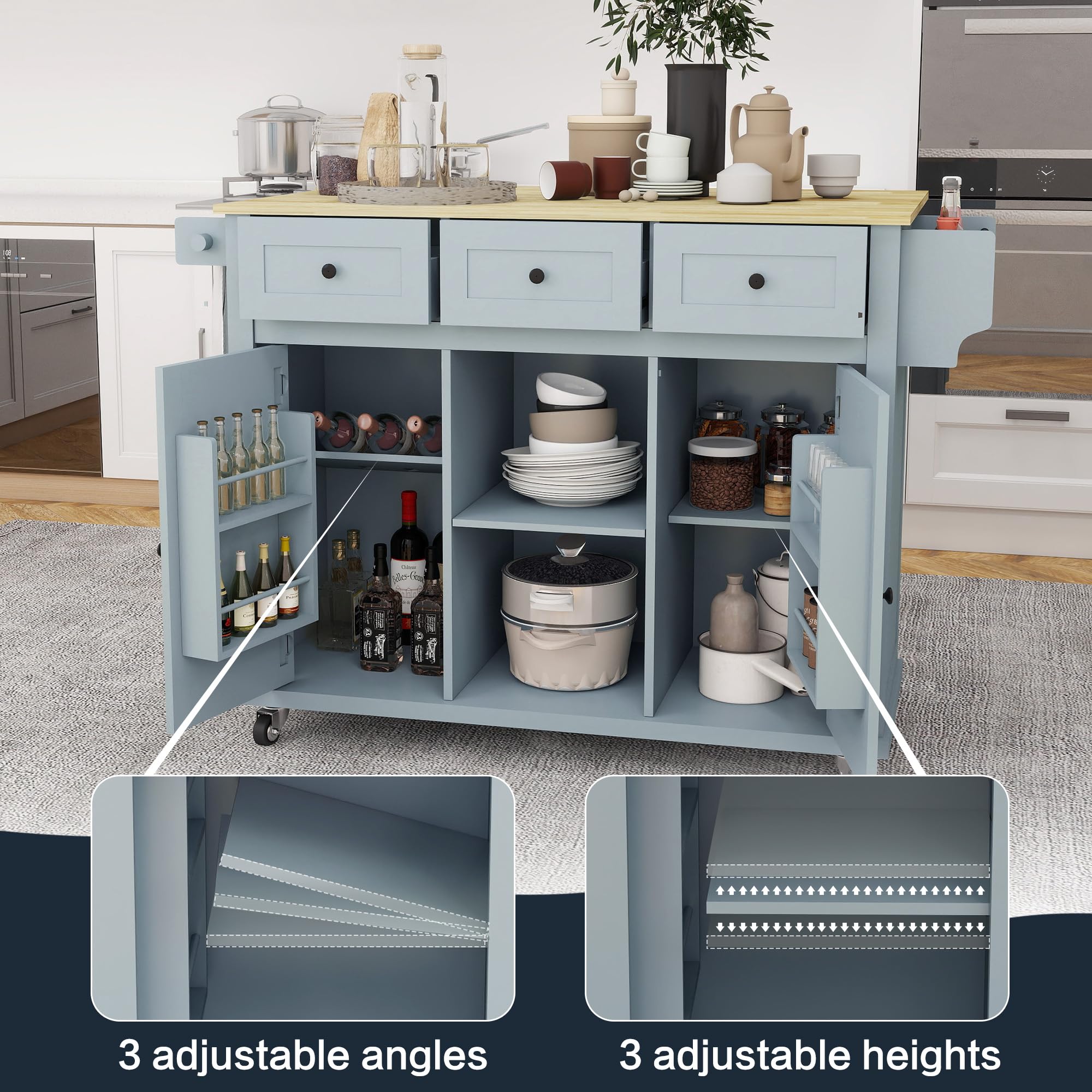 Rolling Kitchen Cart with Storage & Drop Leaf - Grey Blue for Cooking & Dining