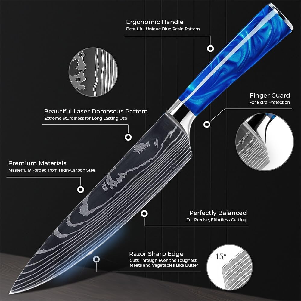 Premium 8-Piece Japanese Knife Set with Blue Resin Handle & Laser Damascus Blades - Chef Knife, Santoku, Bread & Paring Knives for Professional Cooking & Home Kitchen Use