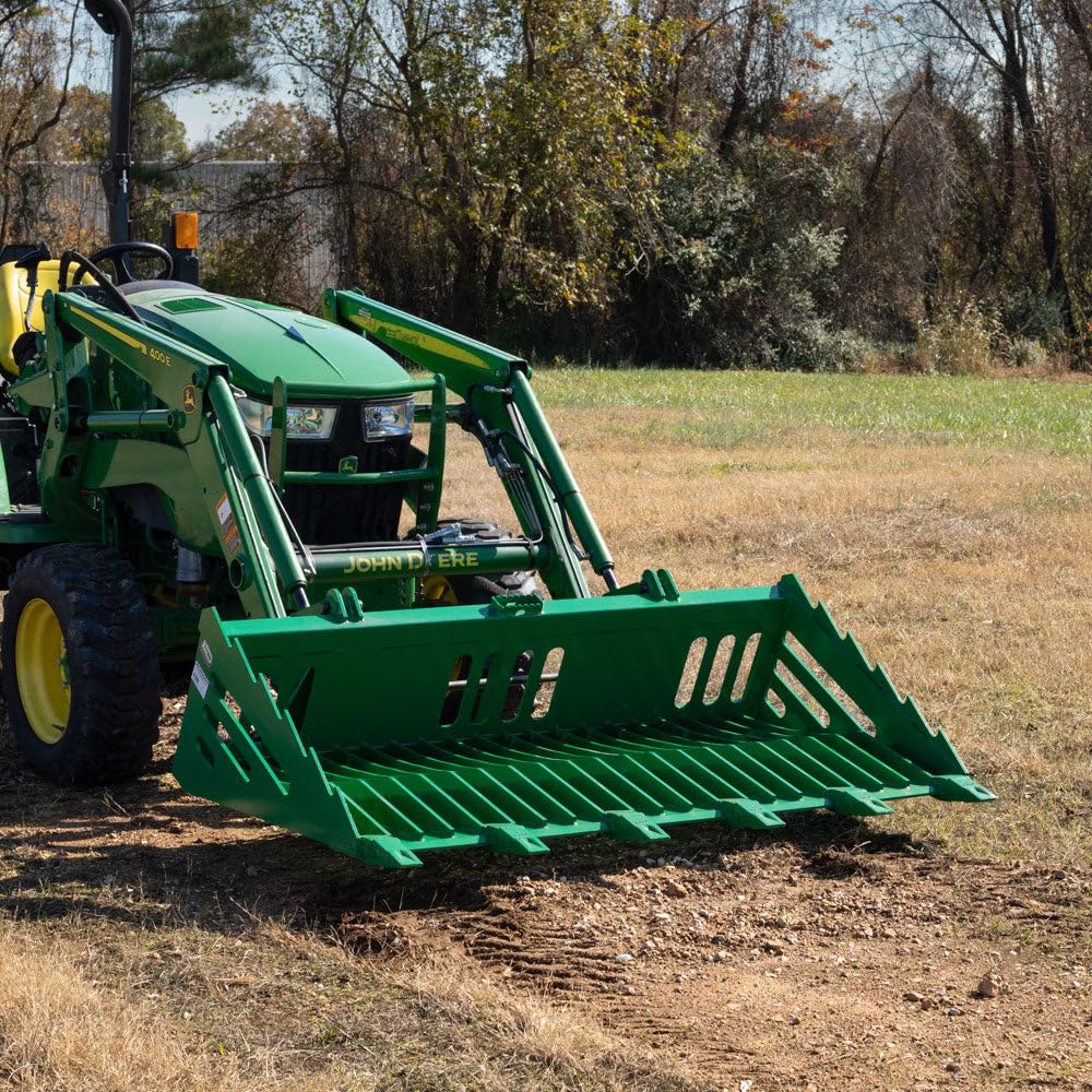 Titan Attachments 48 Inch Fine Grade Skeleton Rock Bucket with Teeth - Compatible with John Deere Loader - Hook and Pin Connection - Perfect for Landscaping, Construction and Heavy-Duty Material Handling