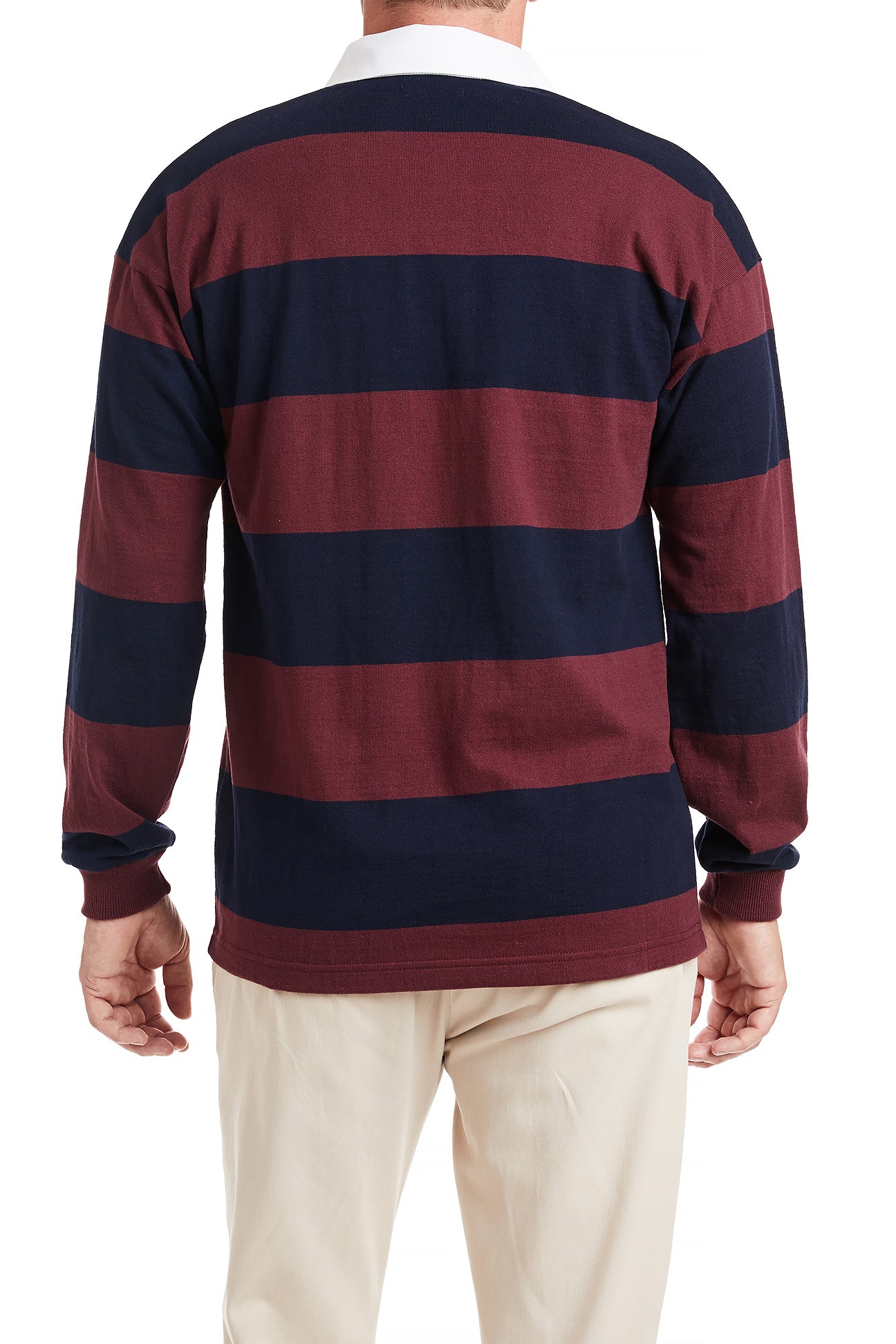 Castaway Rugby Shirt - Navy & Burgundy Stripe Men's Vintage Style Long Sleeve Button Down Shirt for Casual Wear, Work & Outdoor Activities