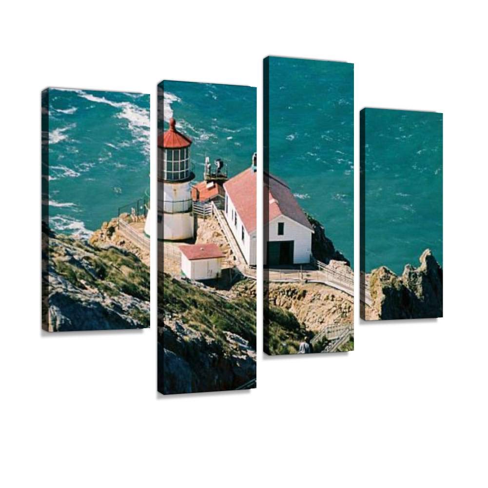 Point Reyes Seashore Lighthouse Canvas Wall Art - Modern Framed Painting for Living Room Decor | 4-Panel Ready to Hang Coastal Landscape Artwork | Perfect for Beach House, Office & Bedroom Wall Decor