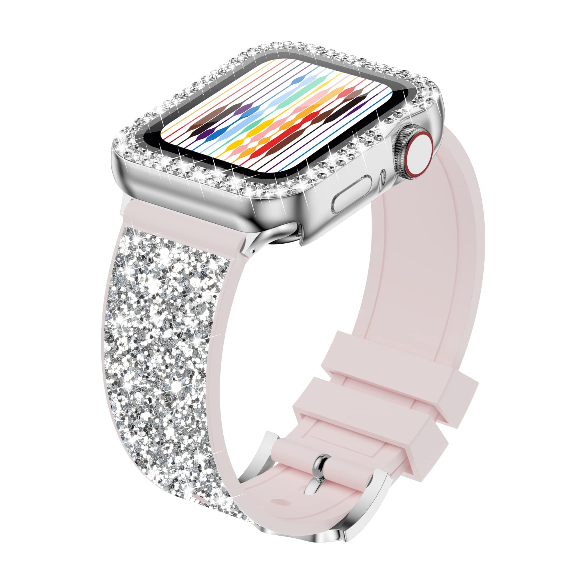 iiteeology Bling Bands for Apple Watch 45/44/42/41/40/38mm - Rhinestone Sparkle Silicone Band with Bumper Cover - Compatible with iWatch SE Series 8/7/6/5/4/3/2/1 - Elegant Women's Accessory for Work, Party & Daily Wear