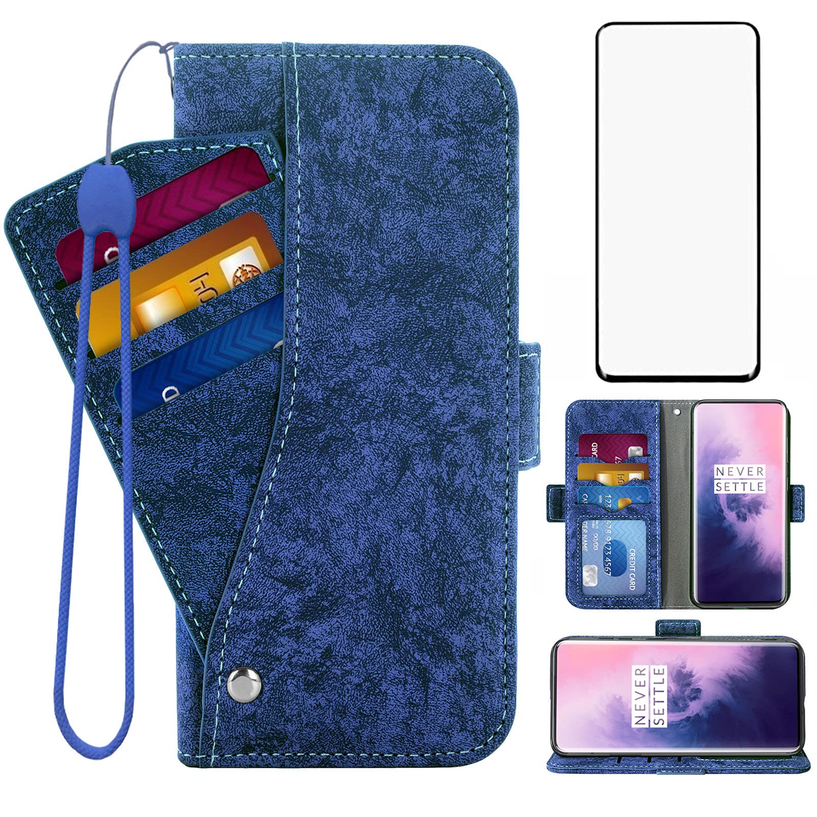 Premium OnePlus 7T Pro/7T Pro 5G McLaren Edition Wallet Case with Card Holder & Kickstand | Tempered Glass Screen Protector Included | Shockproof Flip Cover for OnePlus 1+ (Blue) - Perfect for Business, Travel & Daily Protection