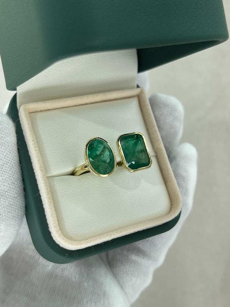 8.80tcw 18K Gold Toi Et Moi Ring with Emerald & Oval Cut Deep Green Gemstones | Vintage Inspired Engagement Ring, Wedding Band, Anniversary Gift for Her