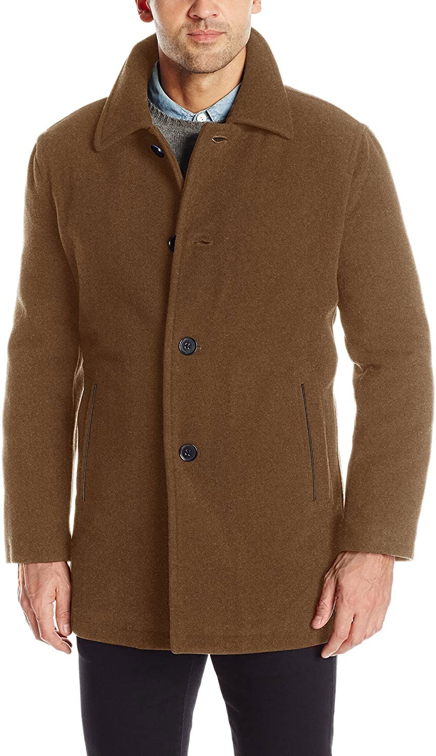 Cole Haan Men's Wool Plush Button-Up Car Coat - Winter Warm Overcoat for Business & Casual Outings