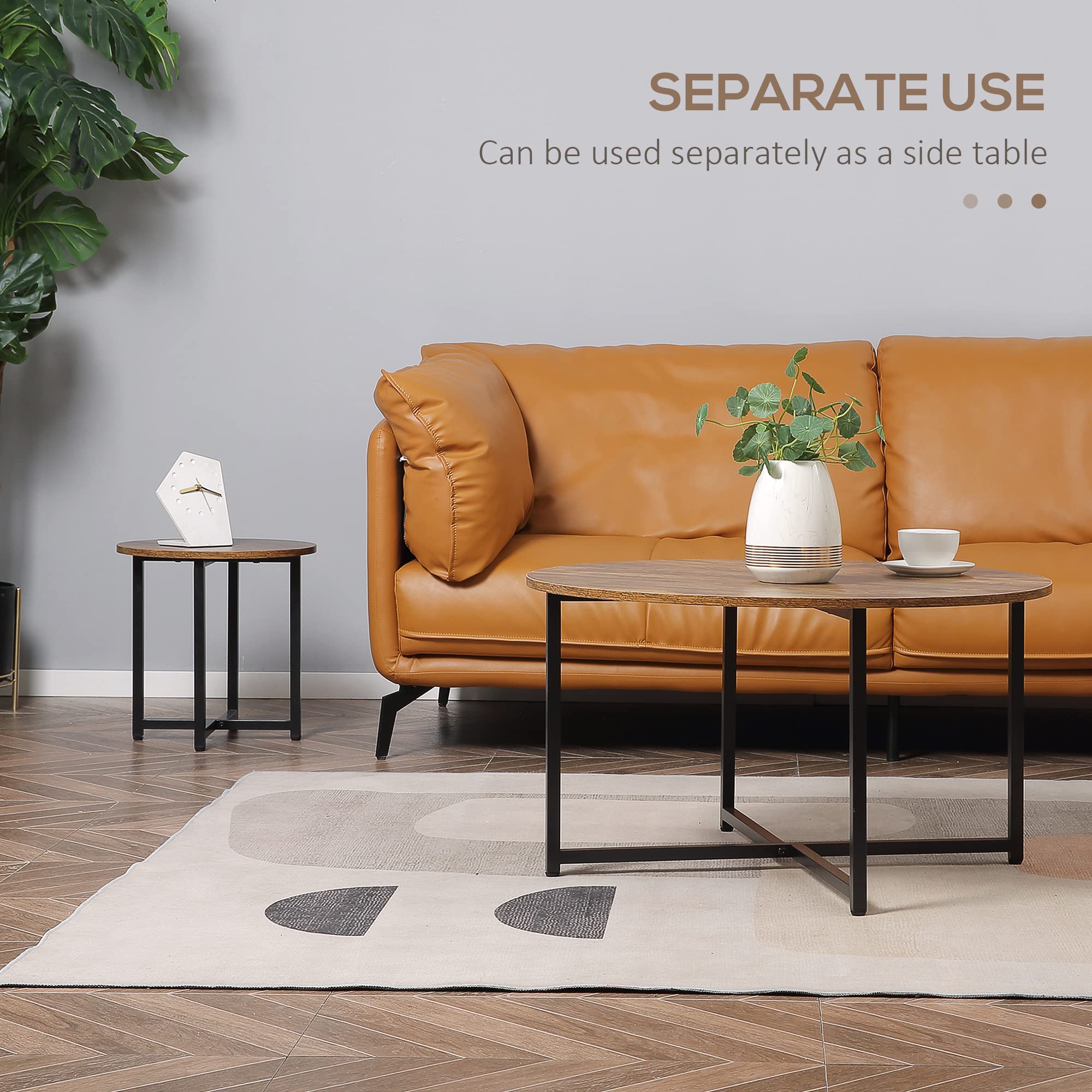 HOMCOM 2-Piece Round Coffee Table Set with Metal Frame - Industrial Style Living Room Tables, Rustic Brown Circle Coffee Tables for Home Decor & Small Space Furniture