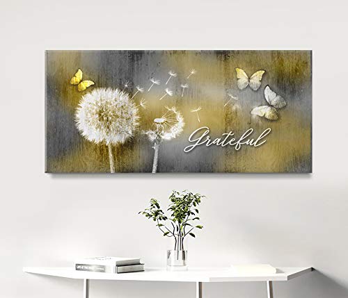 Grateful Dandelions & Butterfly Wall Art - Rustic Bedroom Decor Pictures (42x19 Inch, Yellow) for Home, Living Room & Office Wall Decoration