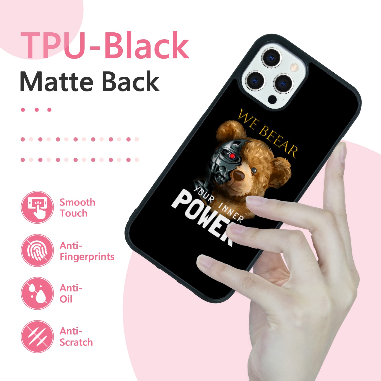 FANXI Shockproof Cute Bear Phone Case for iPhone 12 Pro Max 6.7 Inch - Protective Durable Cover for Men Boys Teens - Perfect for Daily Use, Travel & Outdoor Activities (Black)